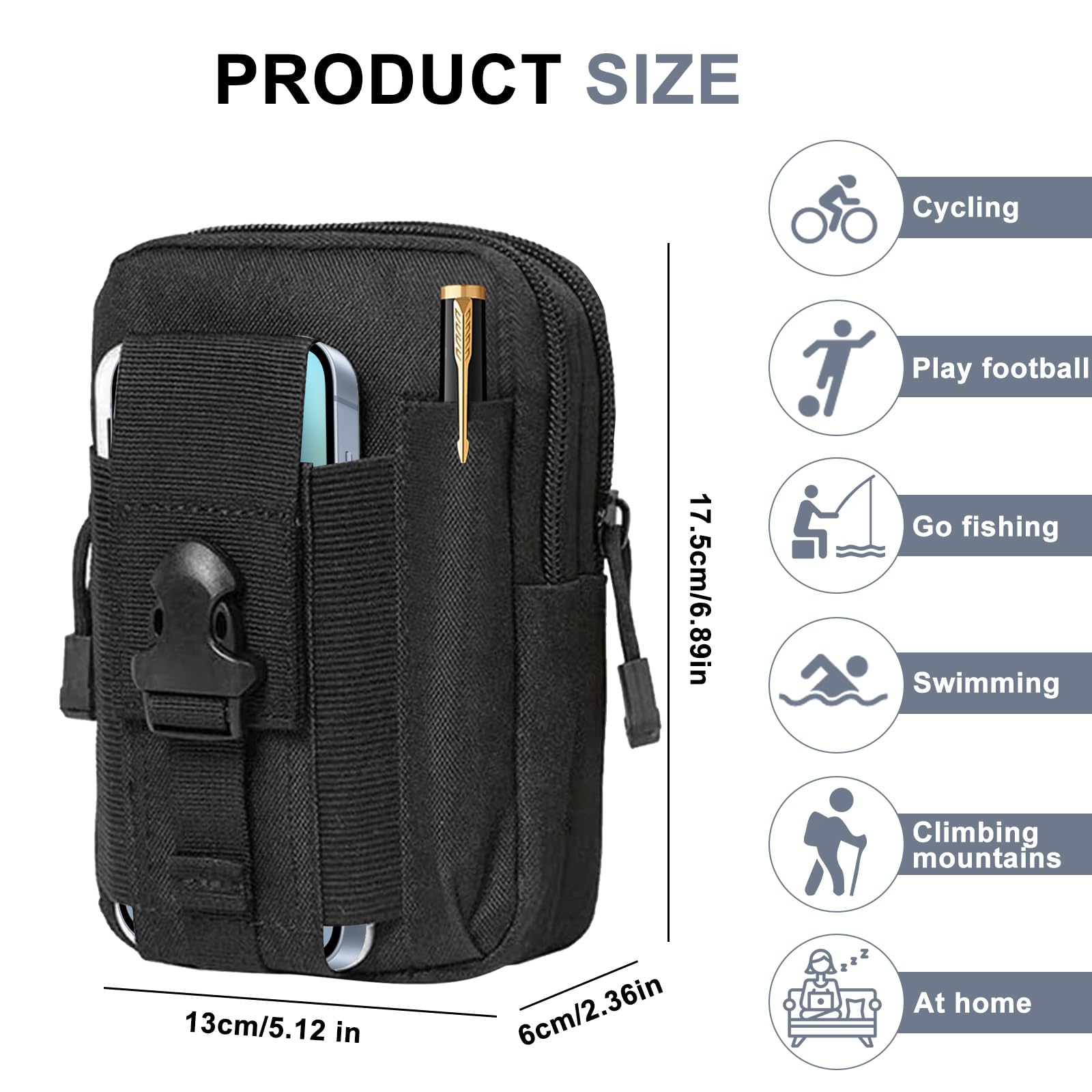 2 Piezas Bolsa Cintura Táctica, Molle Pouches Compacta Riñoneras Hombre EDC Bolsa Nylon Bolsa de Teléfono Bolsas Molle Tácticas Impermeable para Senderismo, Camping, Viajes, Ciclismo