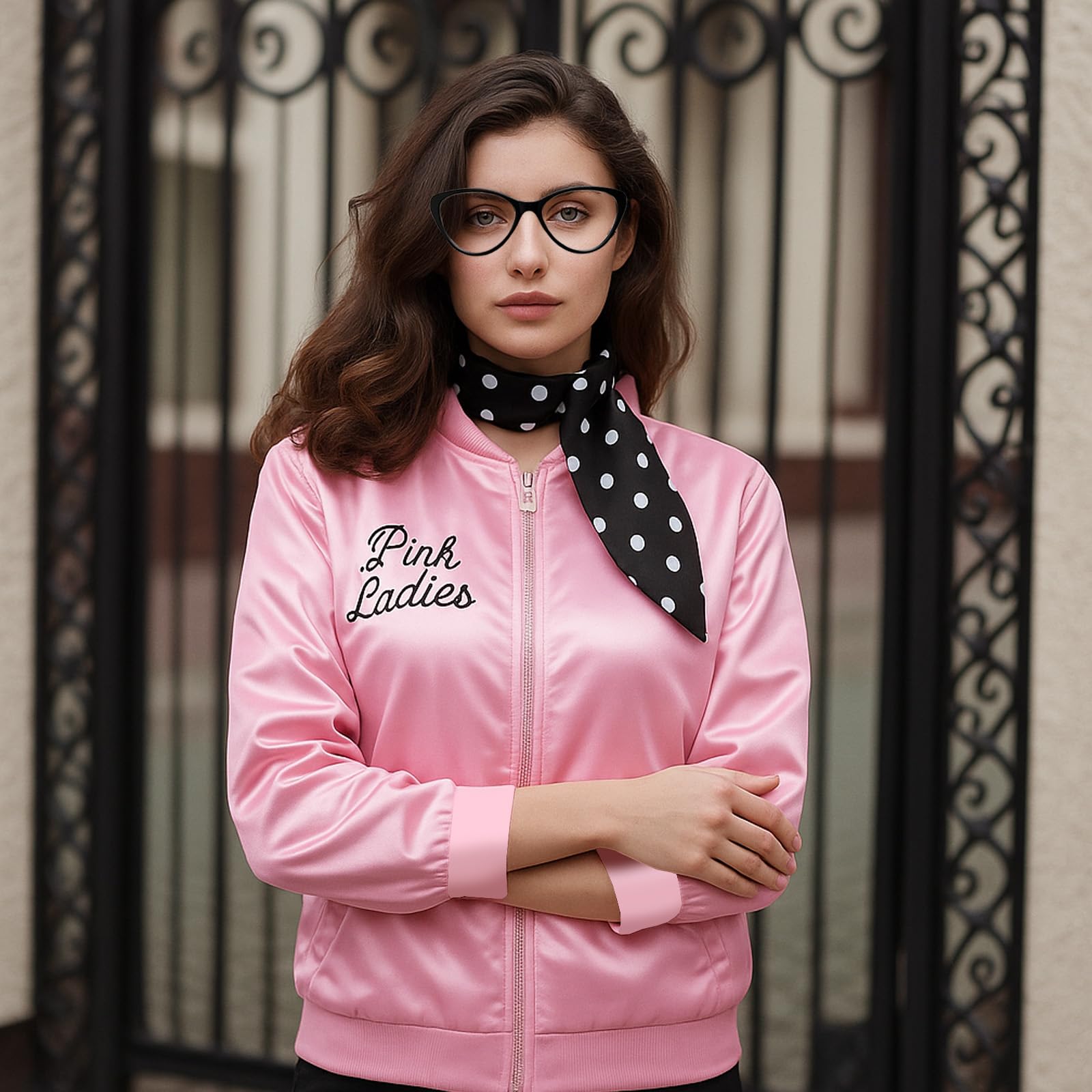 AYNKH Pink Jacket for Ladies Fancy Dress with Accessories Scarf Glasses 1950s Pink Satin Jacket - Image 4