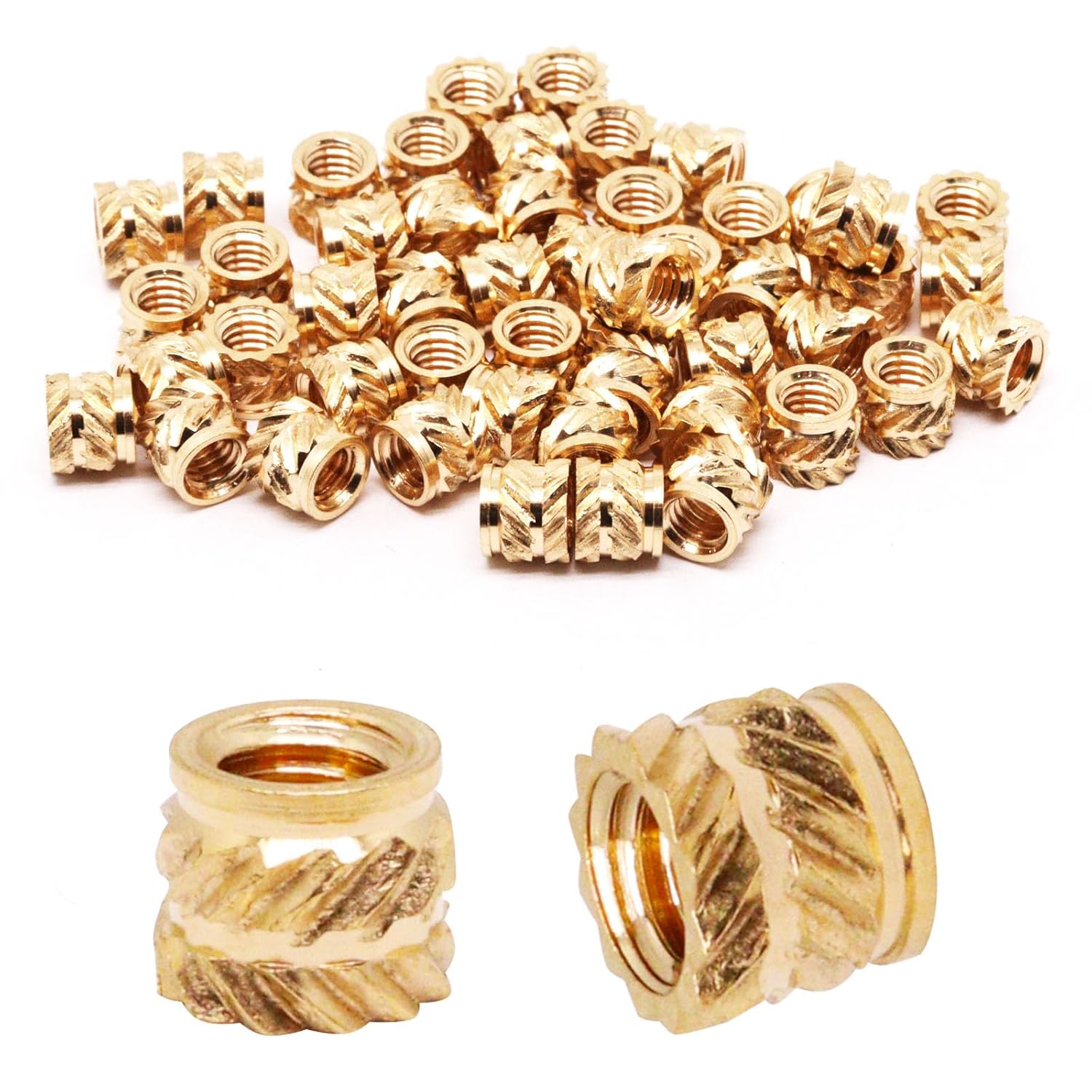 100pcs M3 x L4 x D4.5 Brass Knurled Nuts, Industrial Grade, Gold, Right Hand, Fine Pitch, Fully Threaded, Heat Set Inserts for Plastic & 3D Printing Components