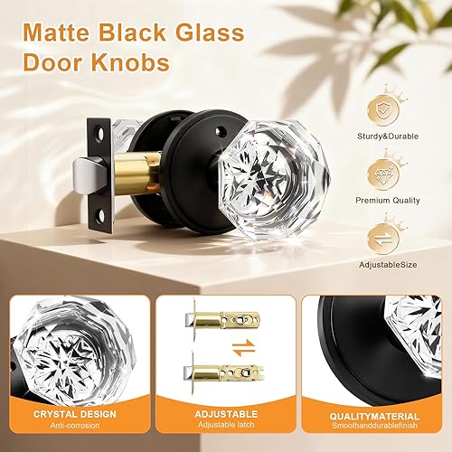 Miniatura 3 de Gobrico Paquete de 6 pomos de puerta interior de diamante para puerta de camabaño, color negro mate, función de privacidad, herrajes para puerta,