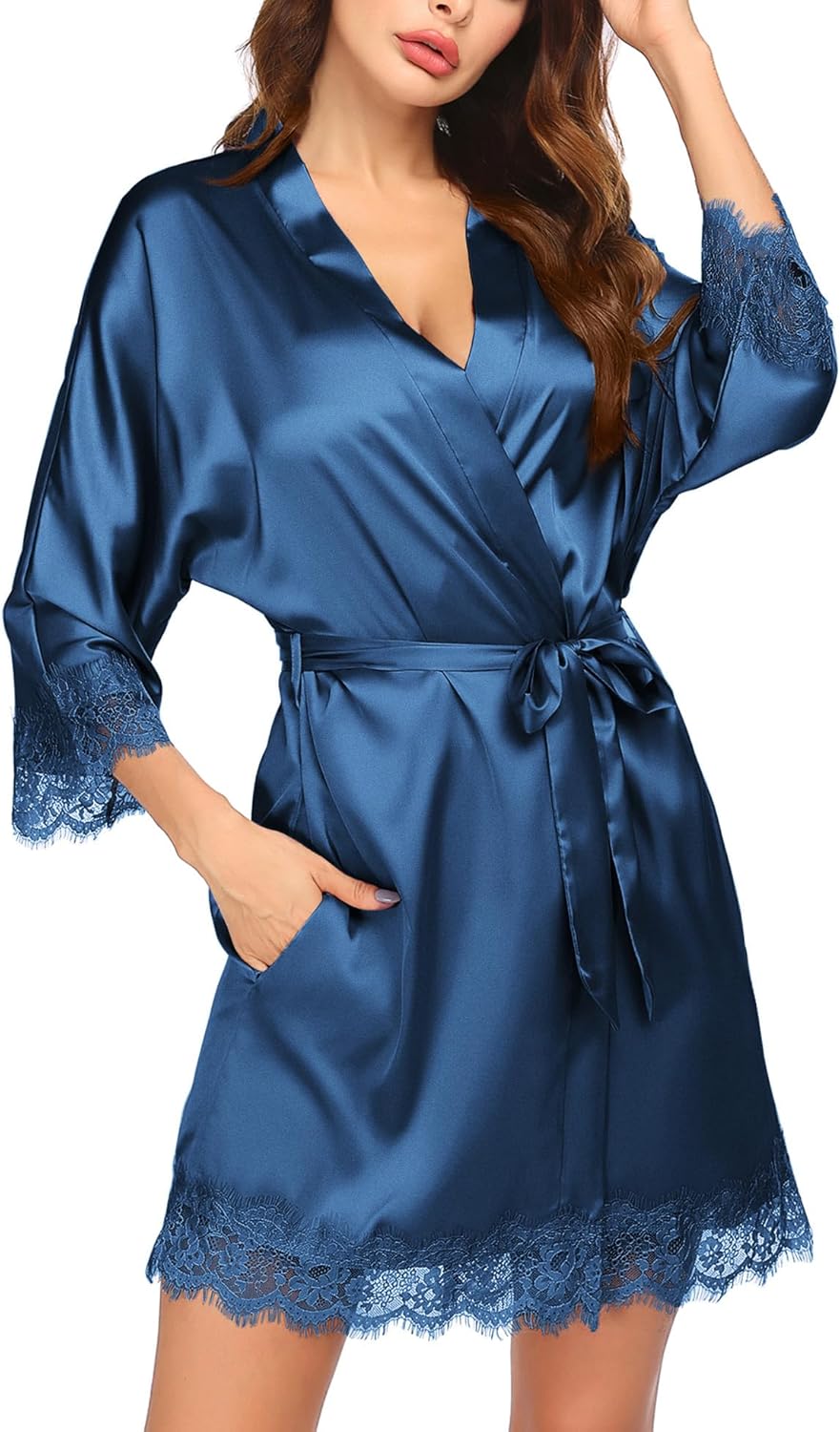 Ekouaer Womens Silk Robe Short Lace Trim Satin Robe 3/4 Sleeve Sexy Kimono Bride Bathrobe Comfy Sleepwear with Pockets