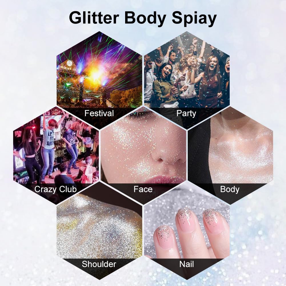 LOPHE Spray Brillantini Glitter, Glitterato Spray per Corpo Viso, Brillantini Corpo Vestiti per Capelli, Ultra Fine, Body Shimmer per Festival di Halloween, Club, Feste (100ml, Argento)