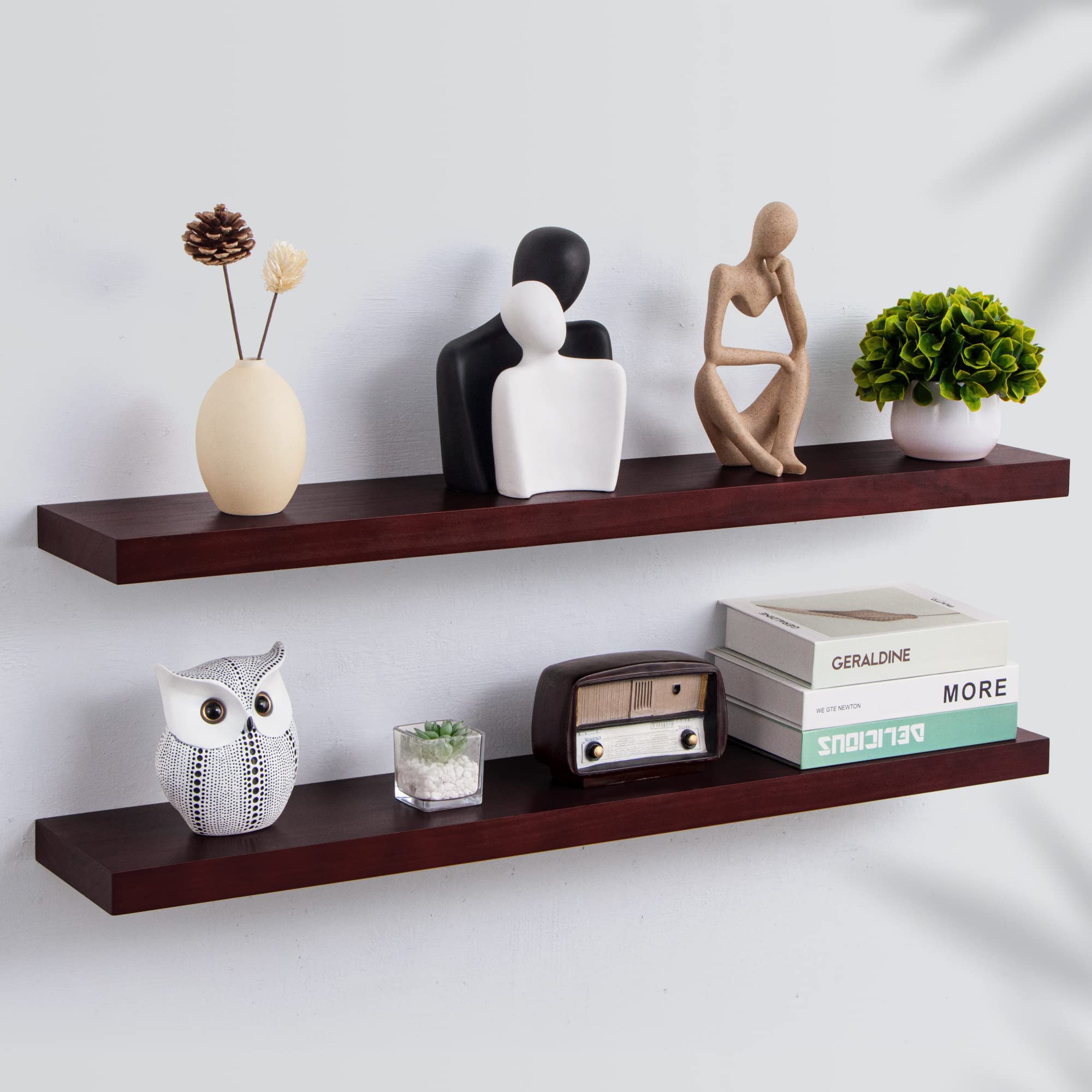 Fun Memories Wood Floating Shelves 36 Inches Long, Premium Solid Wood, Long Floating Shelves for Living Room, Heavy Duty Bracket, 36 x 6.7 x 1.4 inch, Set of 2, Mahogany Color