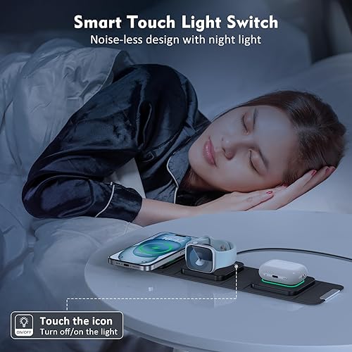 Miniatura 8 de Cargador inalámbrico para iPhone - Estación de carga 3 en 1 para múltiples dispositivos Apple, almohadilla de carga magnética plegable segura para