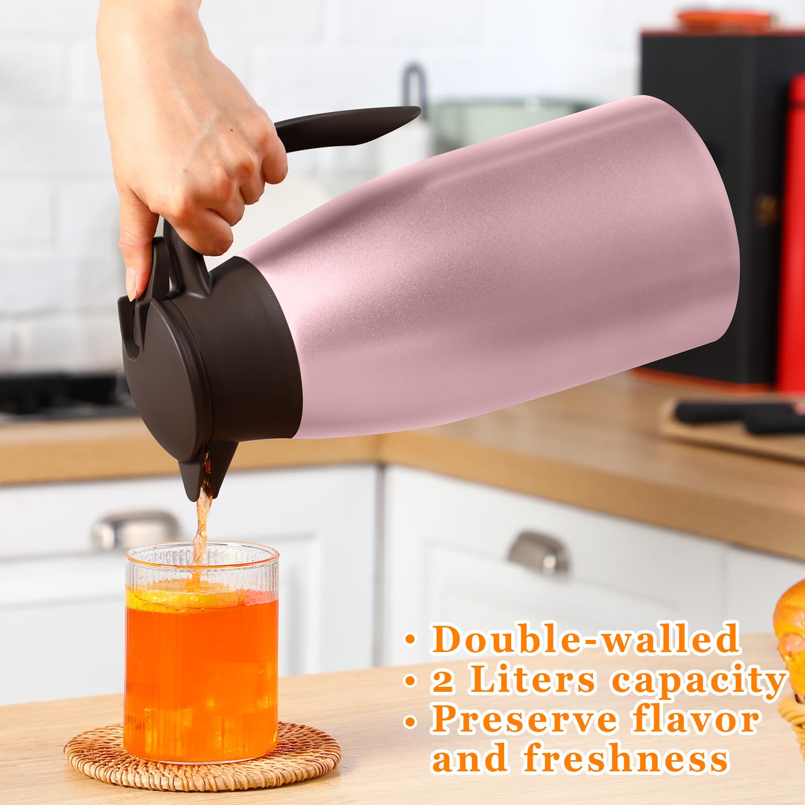 Norme 2 jarras térmicas de 68 onzas de acero inoxidable aisladas al vacío para café con cepillos, termo para café, agua caliente, té, bebidas calientes, mantiene 12 horas caliente (rojo rosa)