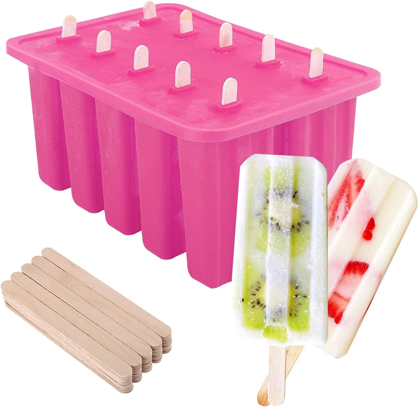Nuovoware Ice Pop Makers, Popsicle Maker [Cavity of 10] Food Grade Silicone Popsicle Maker with 100 Sticks, Easy Release and Clean, Pink