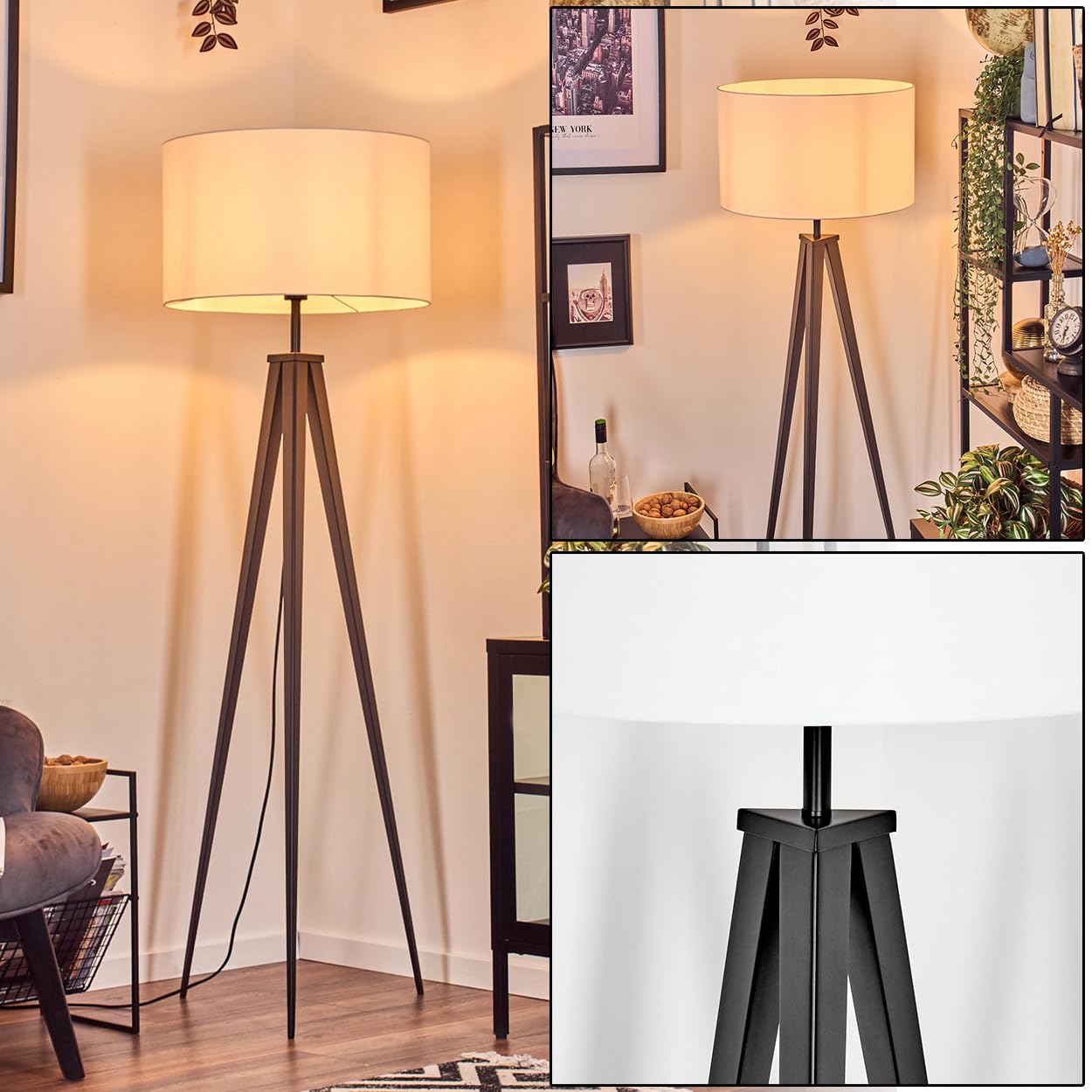 HOFSTEIN Stehleuchte Flemming, Stehlampe aus Metall/Stoff in Schwarz/Weiß, Leuchte im Boho-Style, skandinavisches Design (Ø 50 cm), Höhe 162 cm, mit Fußschalter, 1 x E27, ohne Leuchtmittel