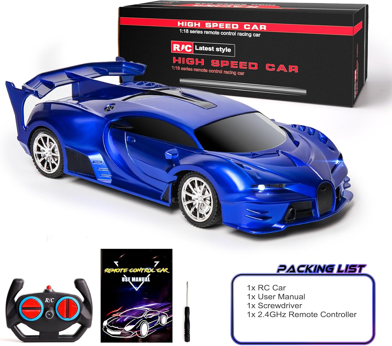 Remote Control Car 1/18 High Speed RC Cars Toys for Boys Girls Vehicle Racing Hobby with Headlight Xmas Birthday Gifts for Kids (Blue)