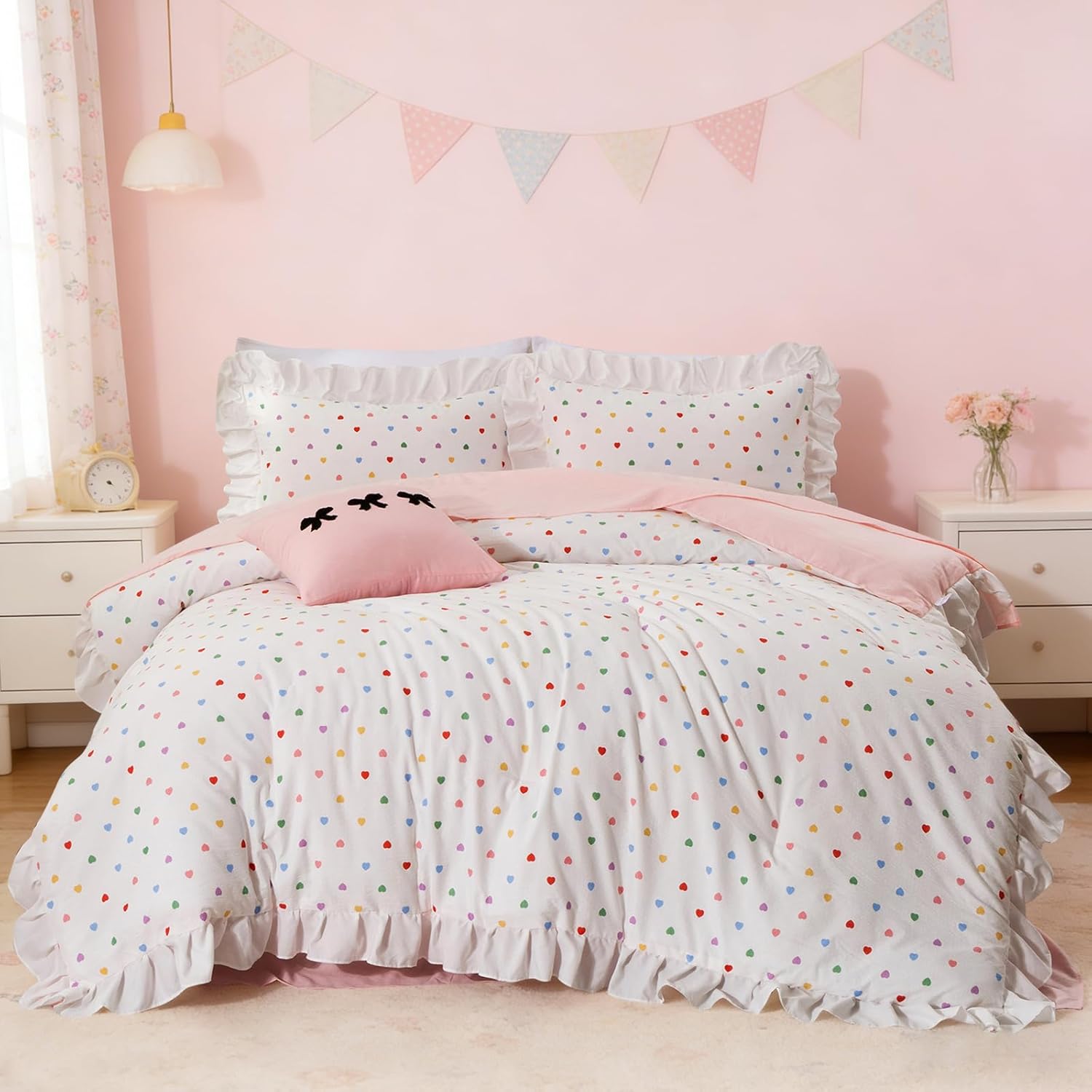 Btargot 6 Piece Twin White Cute Heart Ruffled Comforter Set for Girls Kids, Princess Style Bed in a Bag with Comforter, Sheets and Pillowcases