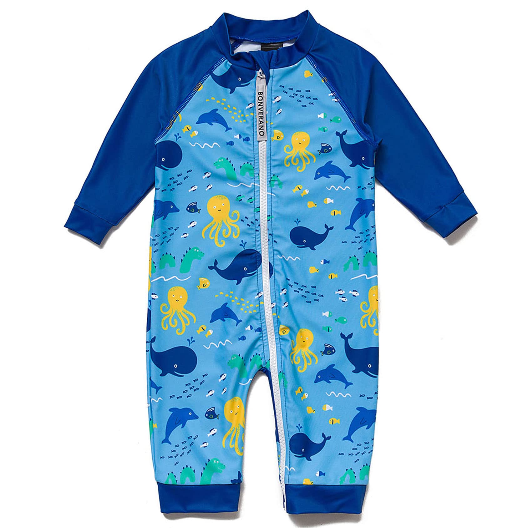 Baby Boy UV Sunsuit One Piece 3/4 Sleeve Kid Full Front Zipper Toddler Swimsuit(BUFish,6-9 Months)