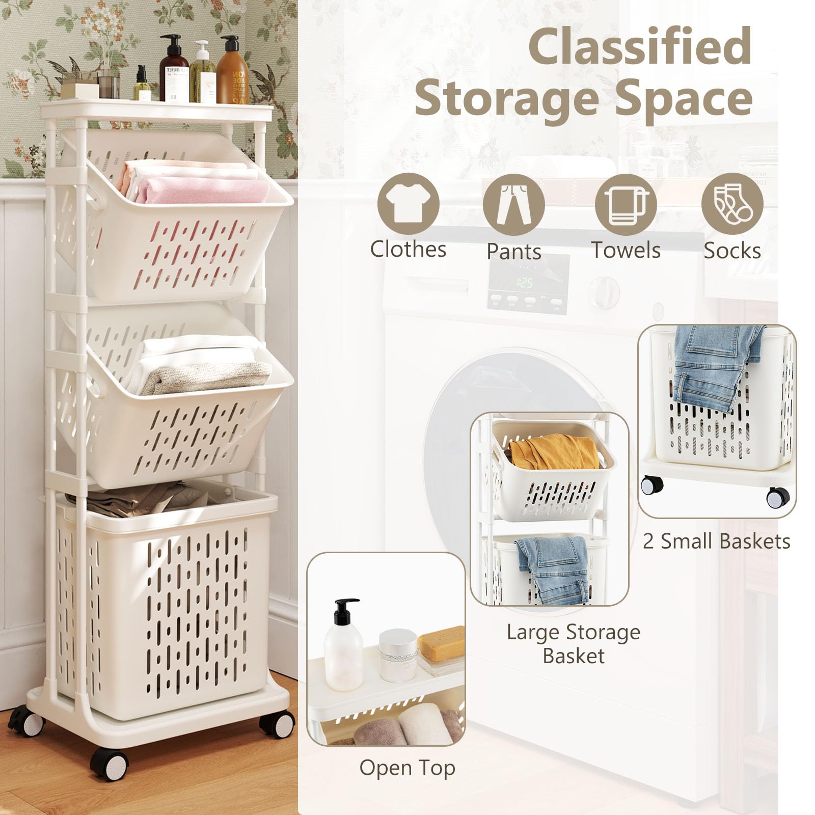 LIFEZEAL Cesto Portabiancheria, con Routi, Portabiancheria Sporca, 3 Scomparti, Cesto Biancheria Sporca, con Manici e Ripiano, Carrello Portabiancheria, Laundry Basket, carrellino in Plastica, Bianco