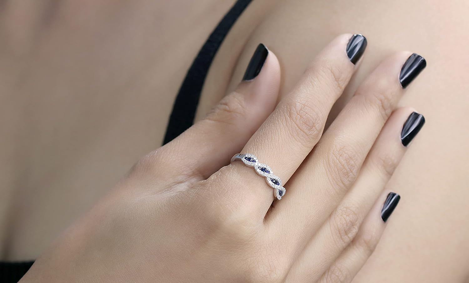 Dazzlingrock Collection Round Blue Sapphire & White Natural Diamond Stackable Anniversary Wedding Swirl Ring for Women in Real Solid Gold