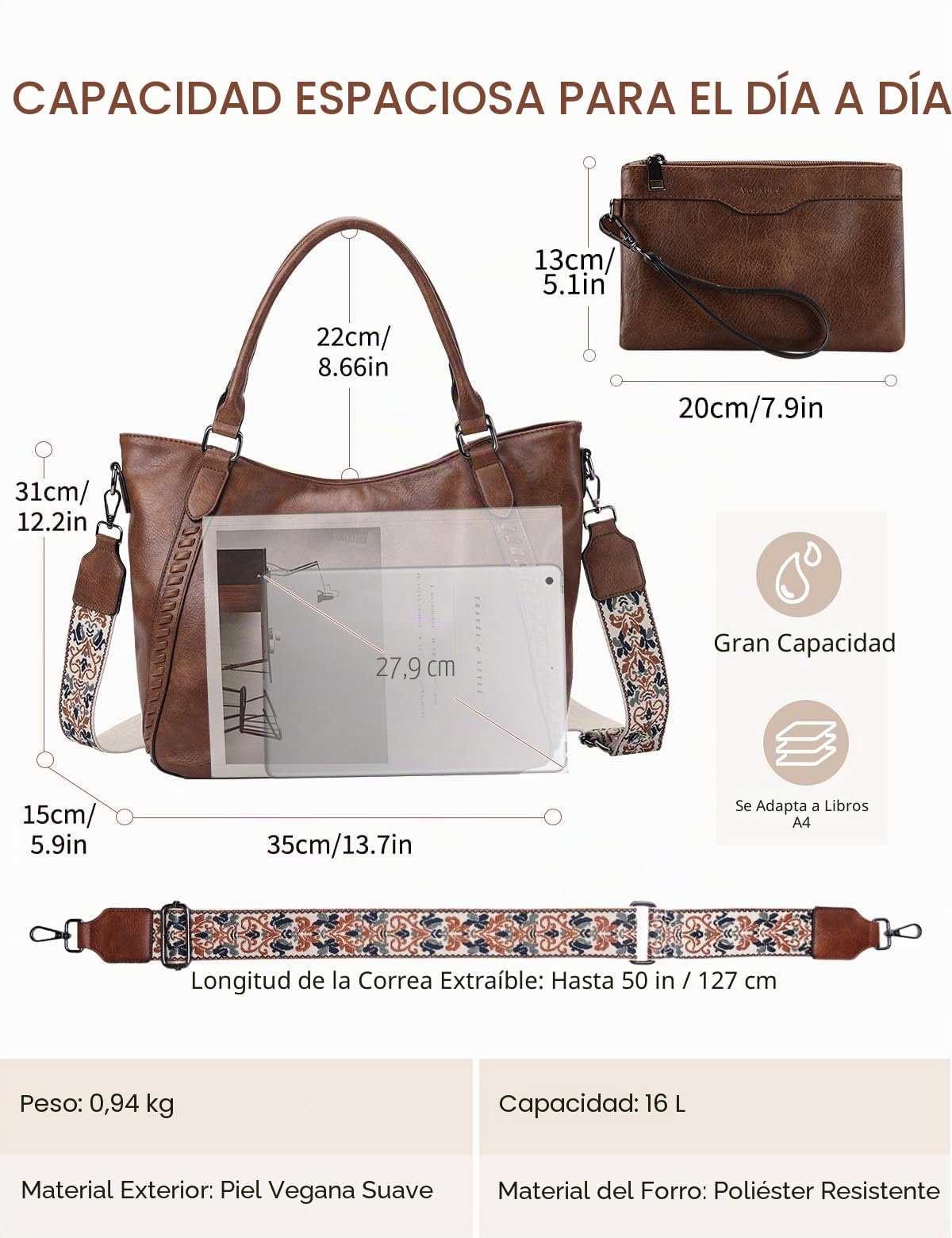 VX VONXURY Bolso Mujer, Bolso Bandolera Mujer de Cuero PU Bolso Mujer Grande con Bolsa Pequeña Bolso Hombro Mujer para Diario Trabajo Compras
