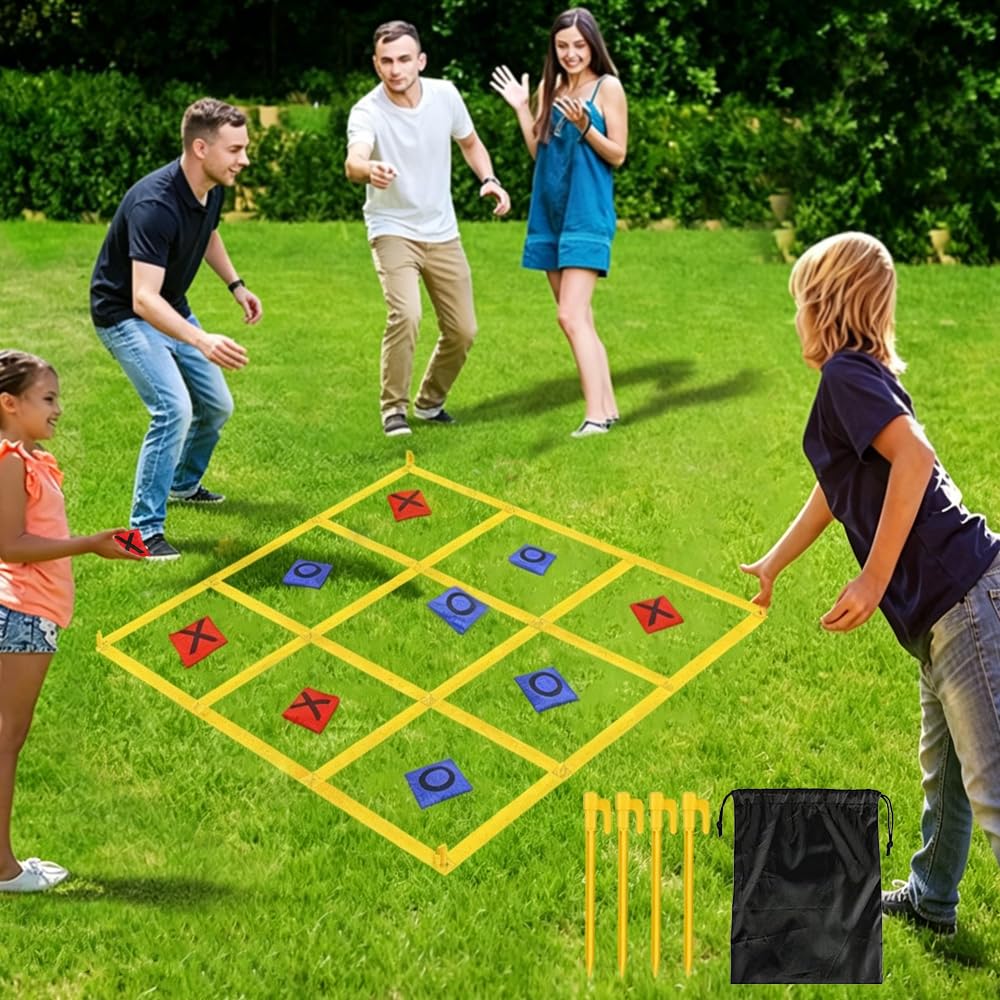 Riesiges Tic Tac Toe Outdoor Spielset für Kinder und Erwachsene, 1,2m Faltbares Wurfspiel mit 10 Bohnensäckchen und 4 Heringen, Tragbar Sackwerfen Spiel für Garten, Strand und Camping
