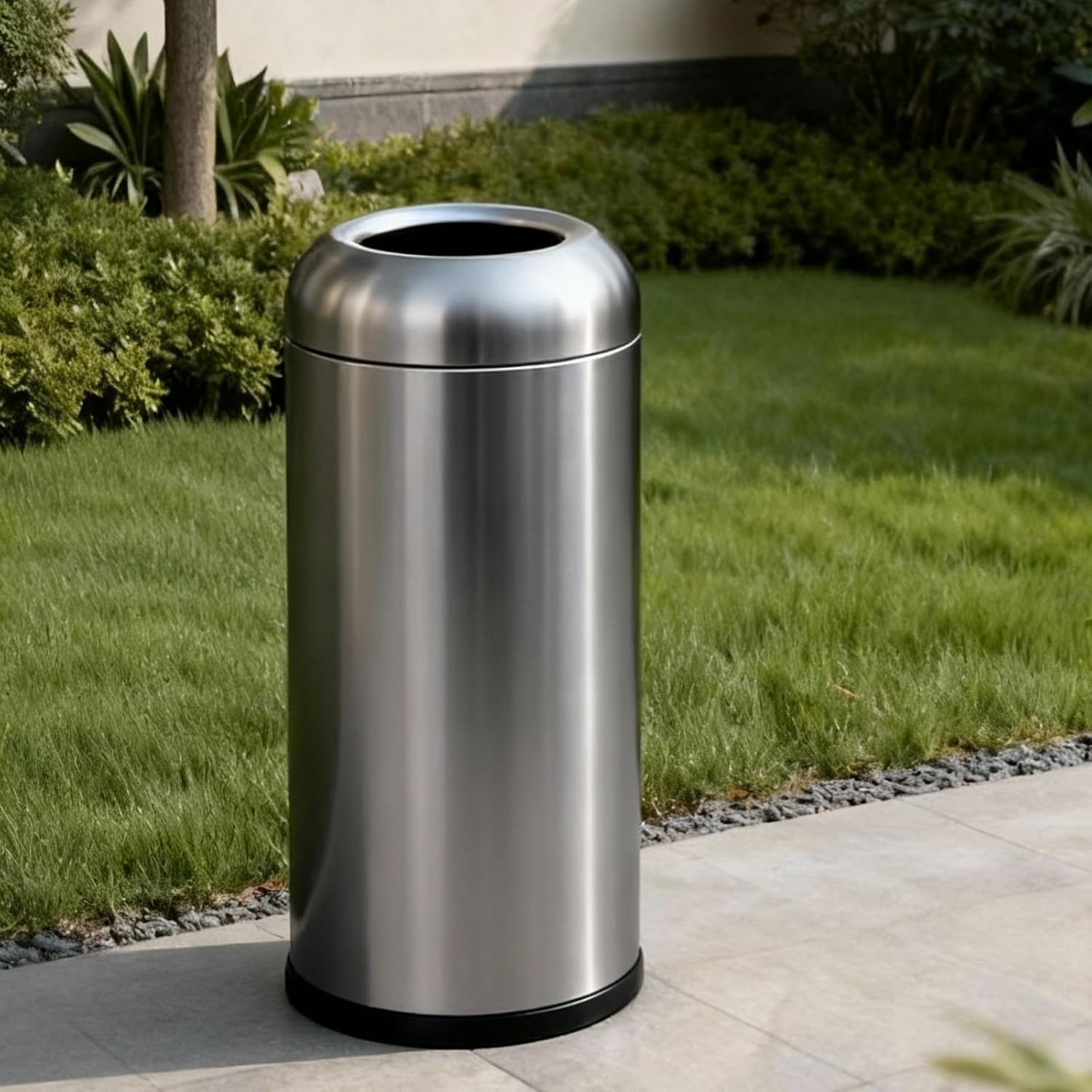 WICHEMI Commercial Large Trash Can, 16 Gallon Bullet Kitchen Garbage Can with Open Top Lid, Brushed Stainless Steel Garbage Can Outdoor, Dark Silver