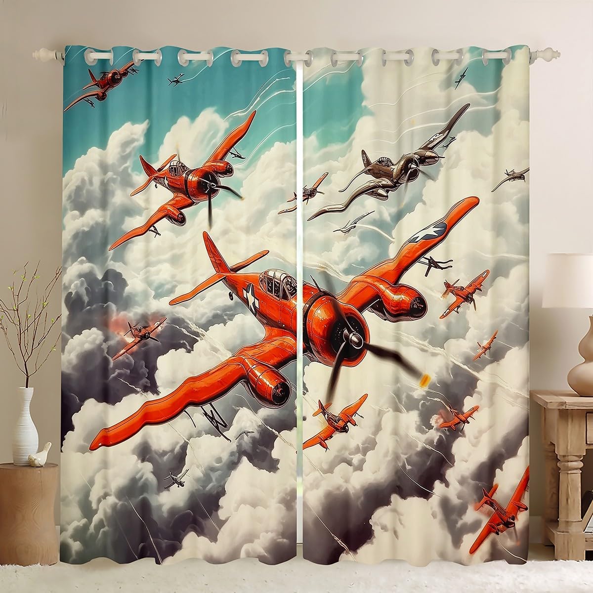 Fighter Aircraft Curtains,Kids Adults Teens Room Decor Boys Girls Airplane Boys Girls Window Treatment Curtain,3D Military Plane Window Drapes,Top 2 Panel,42Wx84L