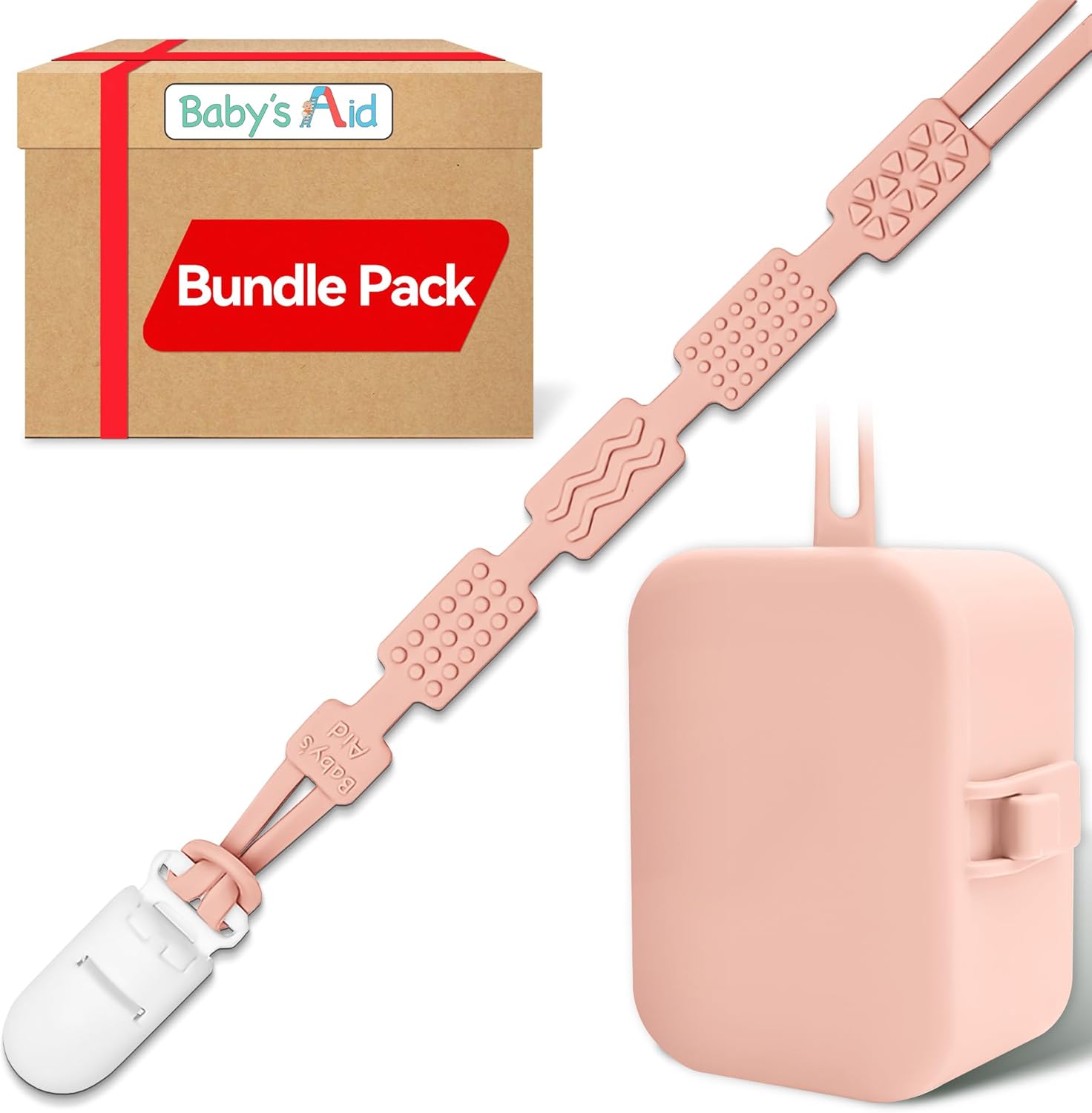 Baby's Aid Pacifier Case & Pacifier Clip, 100% Food-Grade Silicone (Blush) Bundle Pack