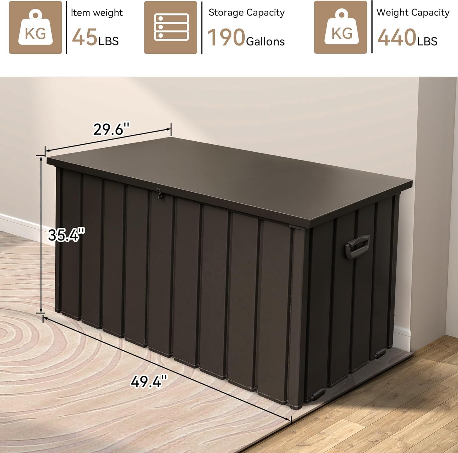 190 Gallon Metal Deck Box, Waterproof Steel Outdoor Storage Cabinet with Lock, Large Patio Furniture Storage Bench for Cushions, Pillows, Pool, Tools, Backyard, Dark Brown