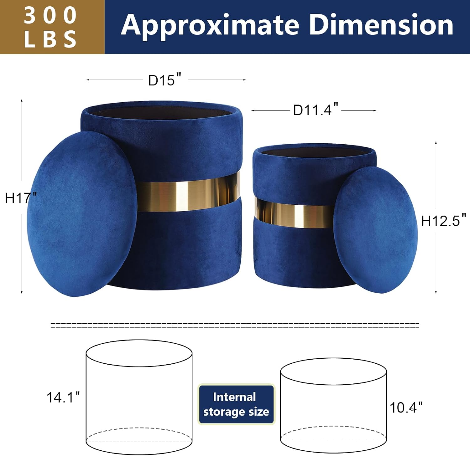 Round Velvet Storage Ottoman with Removable Lid Set of 2, Upholstered Footrest Stool with Gold Metal Hoop, Side Table Seat for Living Room, Makeup Vanity Stool for Bedroom (Middle-Band-Blue)