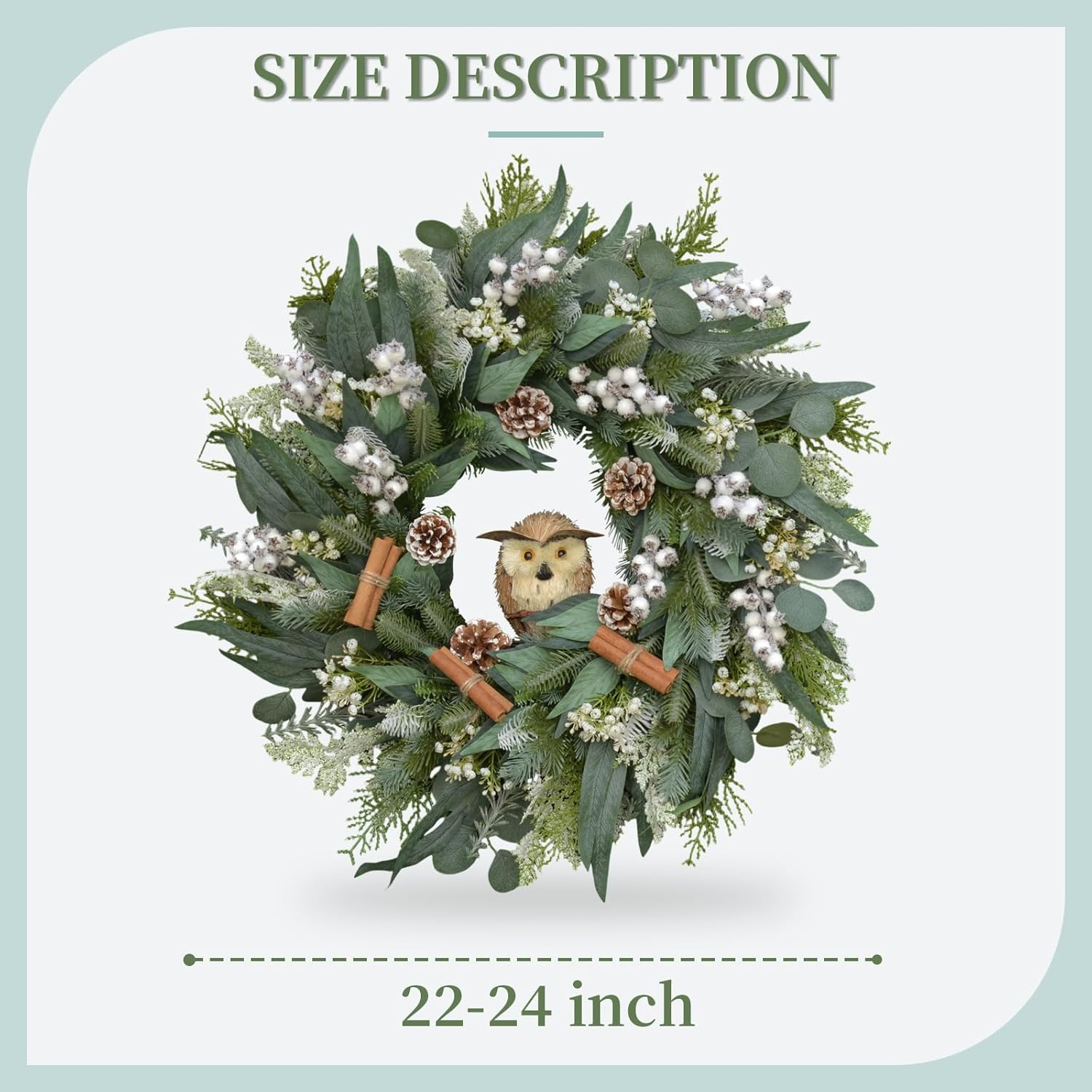 24 Inch Winter Wreaths for Front Door, Large Size Winter Wreath with Owl, Cinnamon Sticks, Pinecones and White Berries for Christmas Indoor Outdoor Decor, Snowy Theme Home Decoration