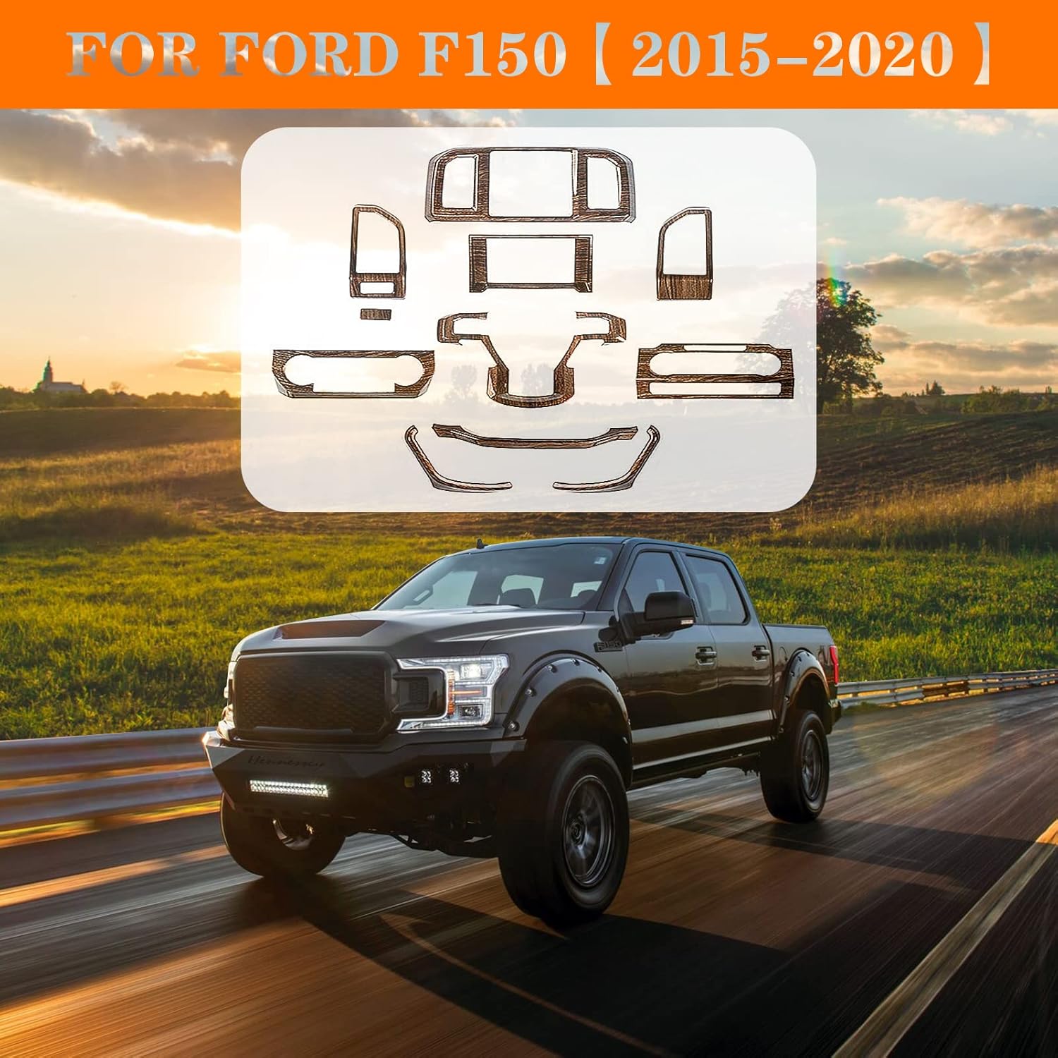 Hoolcar Interior Center Console Dashboard Navigation Trim Cover Kit ABS Accessories for 2015-2020 Ford F150, Wood Grain