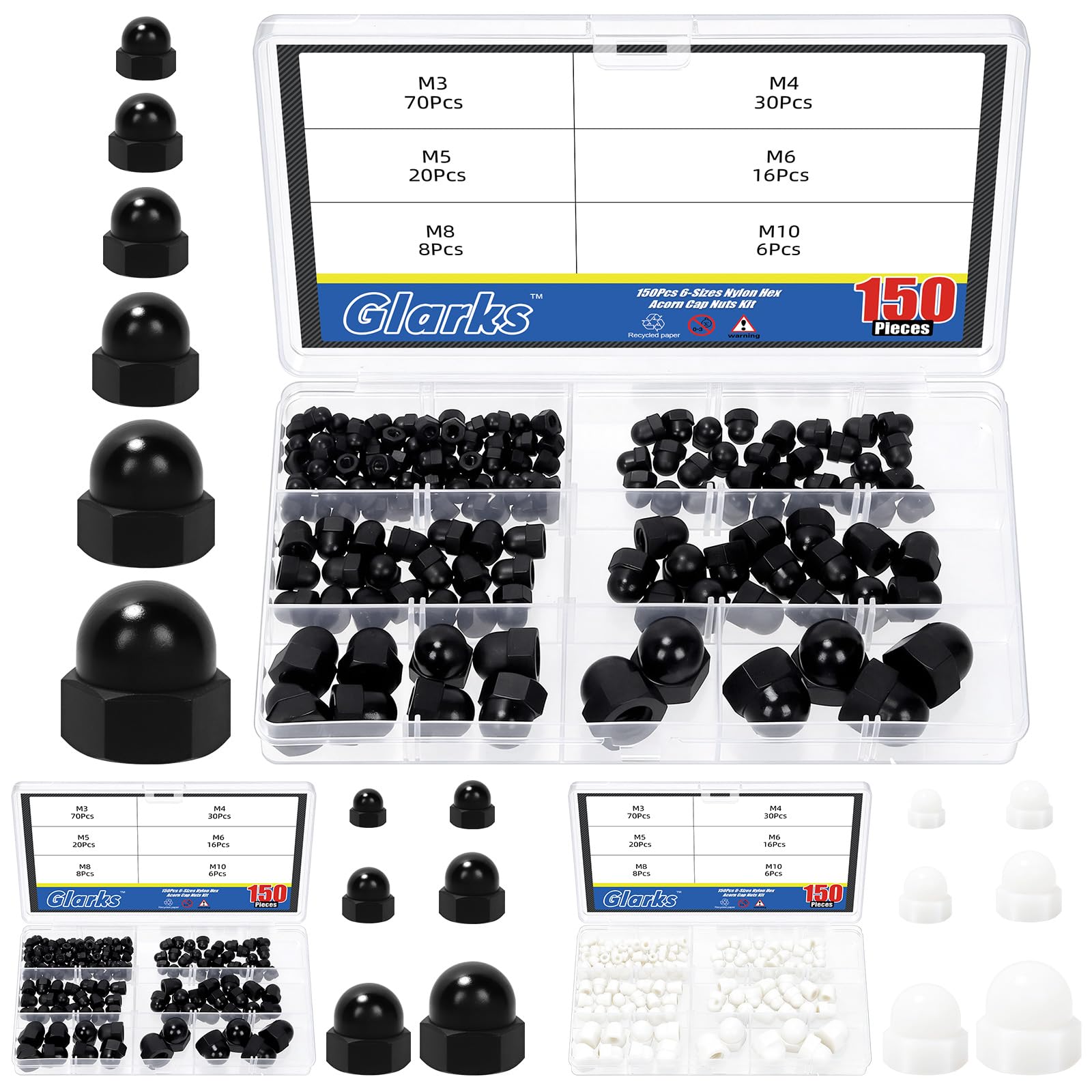 Glarks 150pcs M3/M4/M5/M6/M8/M10 Black Nylon Acorn Cap Nuts Kit, Hex Dome Nuts, Acorn Hex Cap Dome Head Nut, Domed Crown Nut for Protecting Bolts, Furniture, Automotive, Electronic Equipment