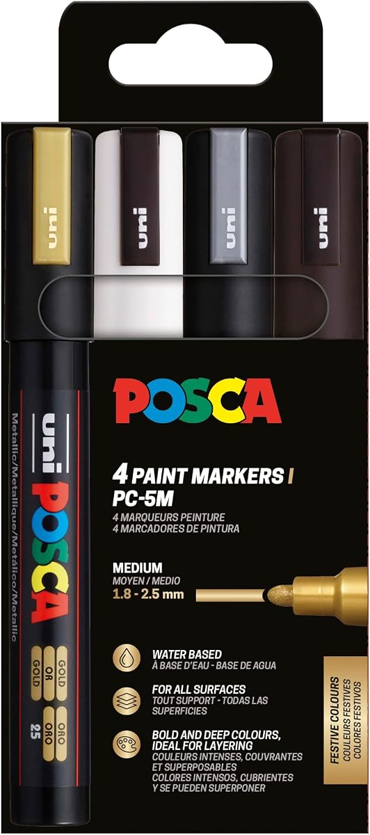 Posca Uni-Ball 182544 Marker Set of 4 PC-5M Acrylic Pens 1.8-2.5mm Round Tip