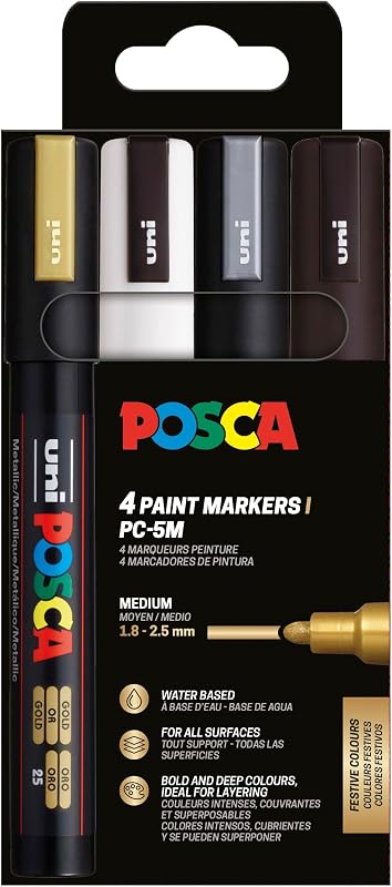 Posca Uni-Ball 182544 Marker Set of 4 PC-5M Acrylic Pens 1.8-2.5mm Round Tip