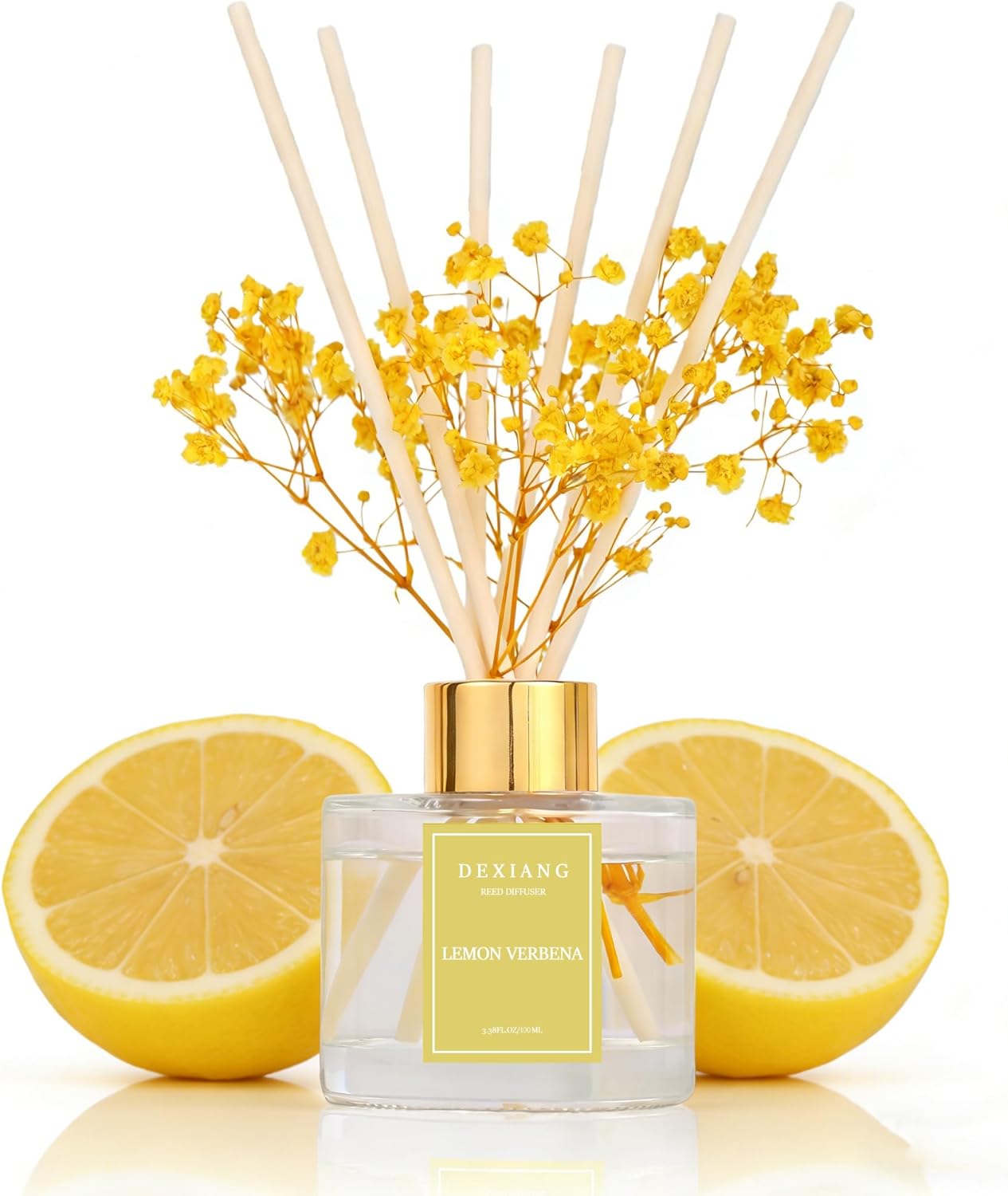 Reed Diffuser Set - 3.38 fl oz Lemon Verbena Premium Scented Oil with Preserved Baby's Breath & Cotton 6 Sticks | Long-Lasting Aromatherapy for Home, Bedroom, Bathroom, Office Home Decor