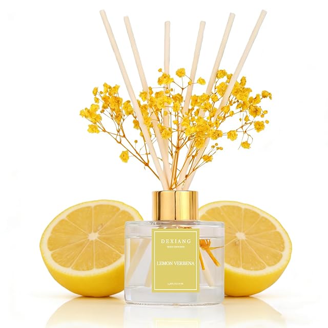 Reed Diffuser Set - 3 38 fl oz Lemon Verbena Premium Scented Oil with Preserved Babys Breath Cotton
