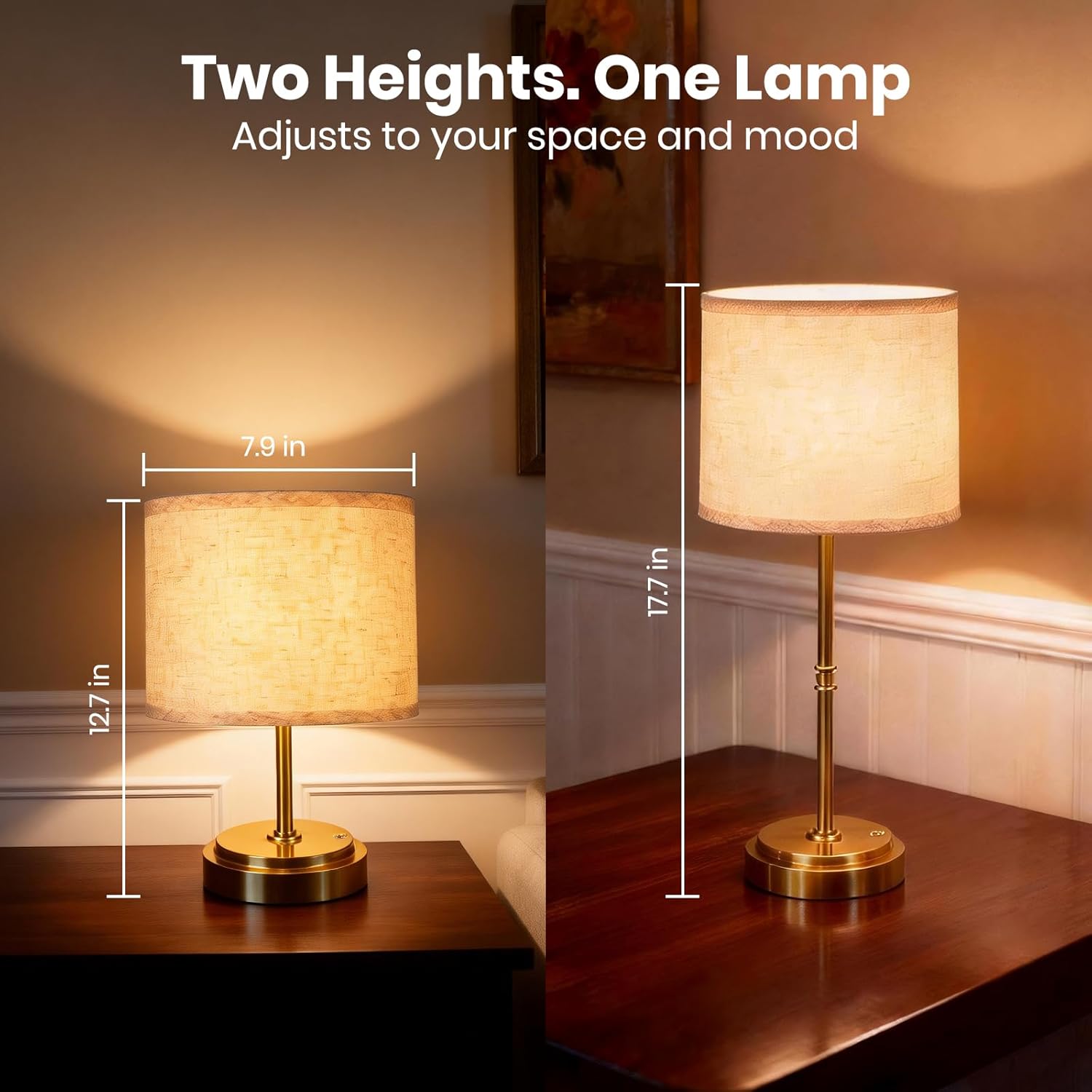 AWOKE Cordless Table Lamp with Fabric Shade, 7500mAh Rechargeable Battery Operated Desk Lamp, Stepless Dimming, Height Adjustable (12.7"-17.7") Nightstand Light for Bedroom & Living Room