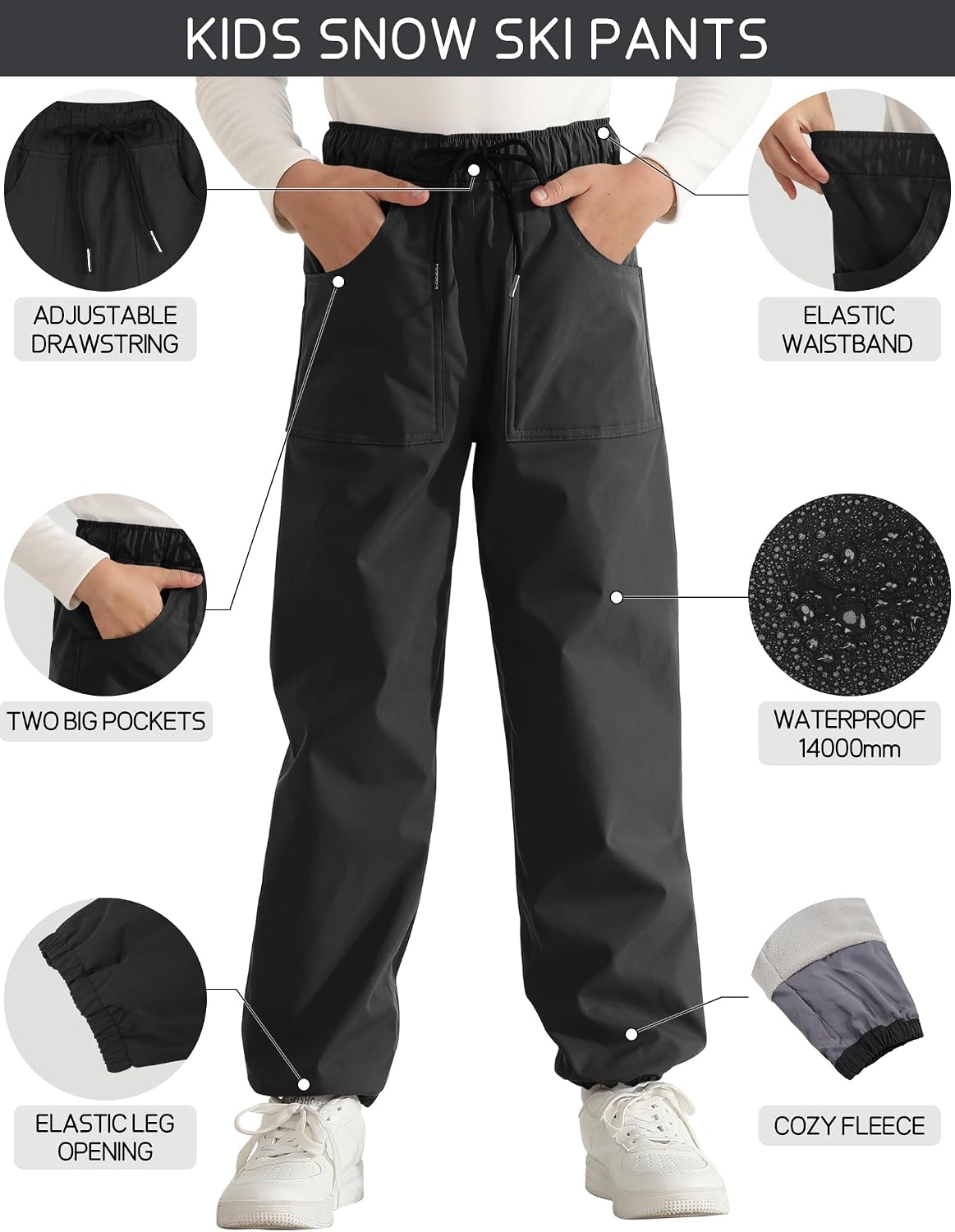 QBK Toddler Snow Pants Kids Fleece Lined Waterproof Ski Pants for Boys & Girls
