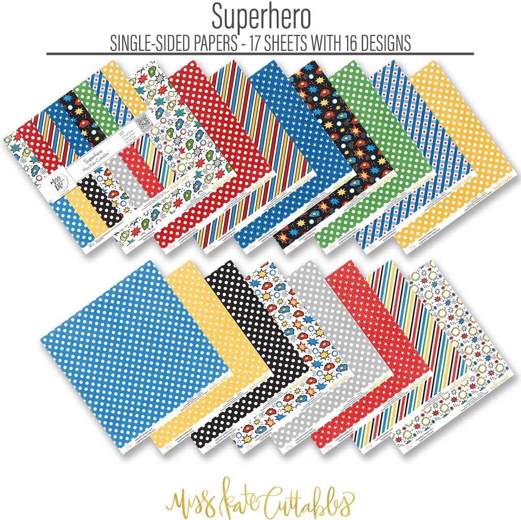 Die Cuts & Paper Set - Superhero - By Miss Kate Cuttables - 16 Single - Sided 12"x12" Premium Vellum Paper Sheets & OVER 60 Coordinating Die Cuts