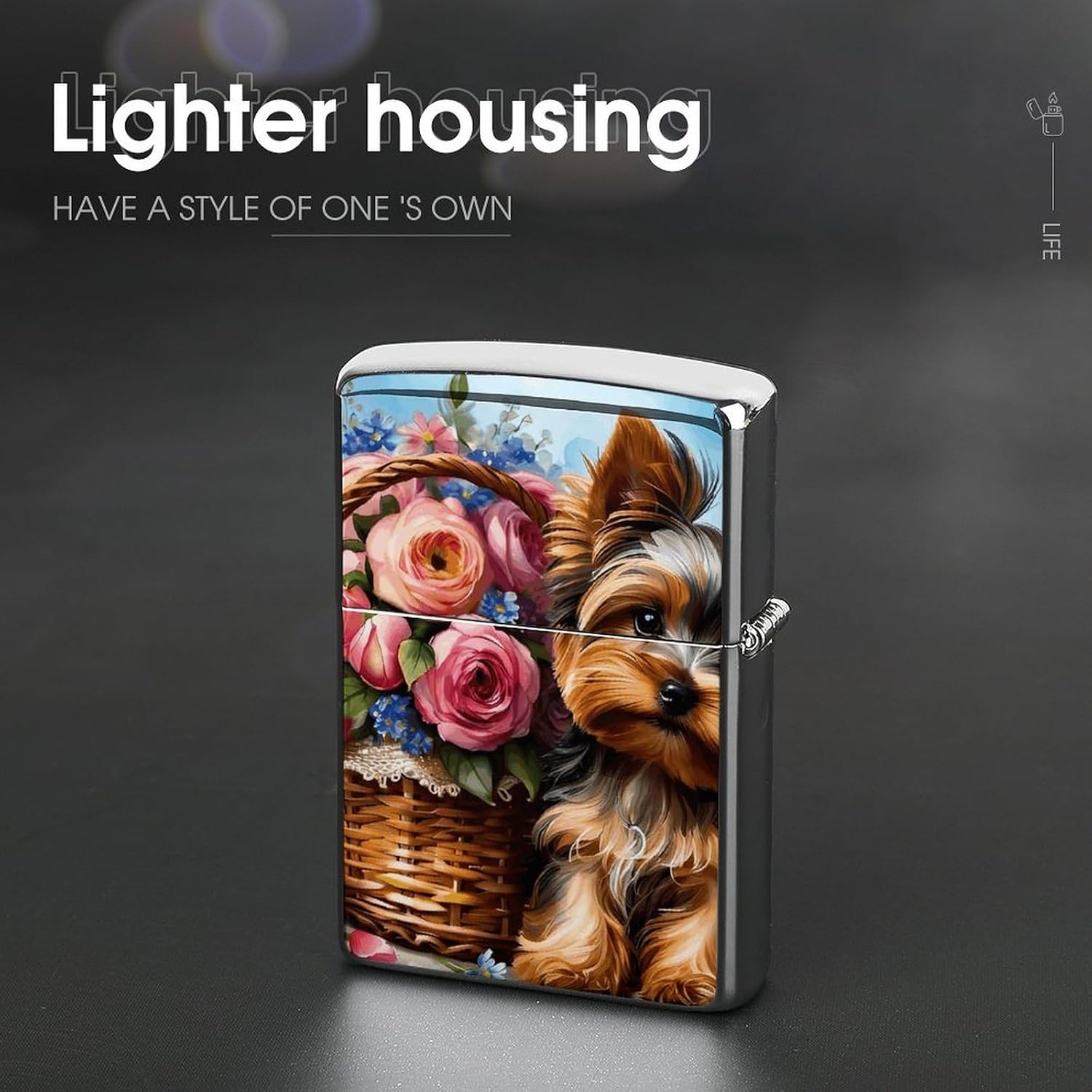 Metal Lighter Case Protective Cover, Puppy and Flower Basket image 4