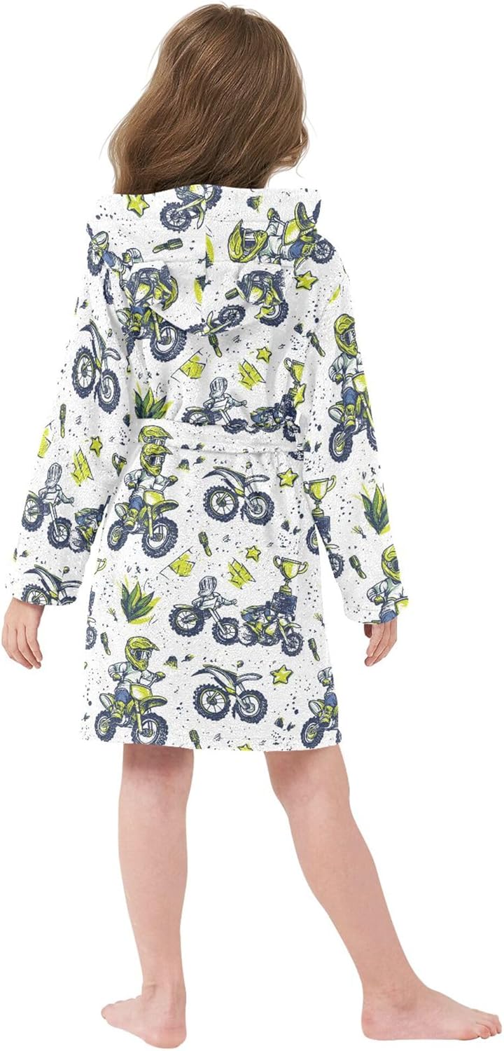 Cartoon Motocross Motorcycle Bathrobe Hooded PJ Robe Plush Fleece Robe Pajama Sleepwear 2-12 Years