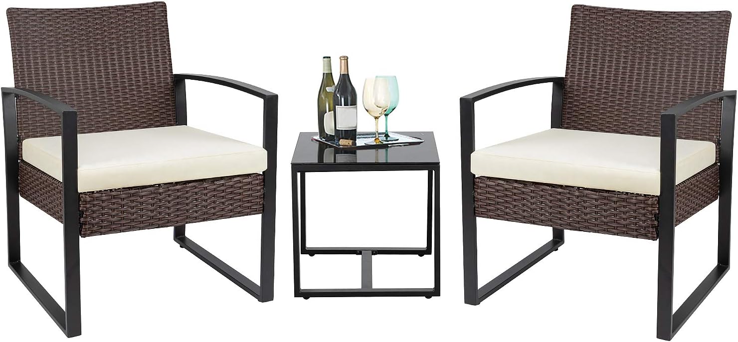 Flamaker Patio Chairs 3 Piece Acacia Wood Patio Furniture with Coffee Table & Cushions Outdoor Conversation Set Balcony Chairs for Porch, Deck, Backyard (2 Piece)