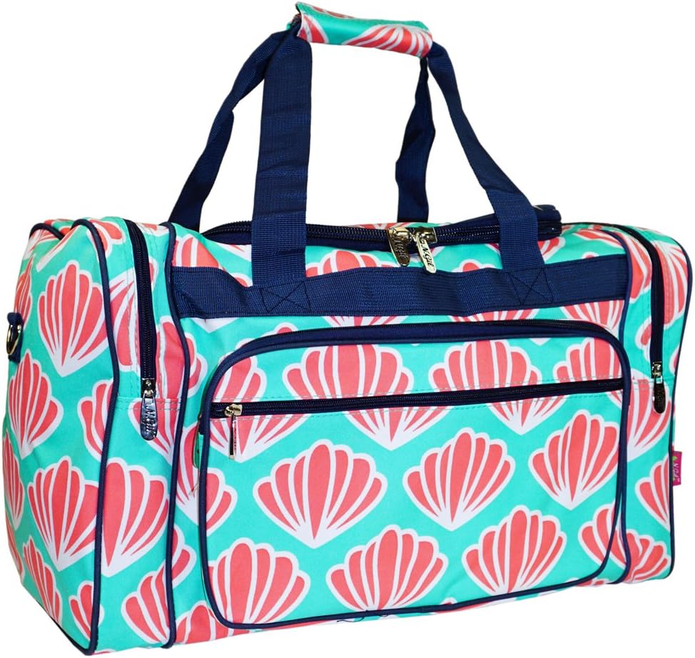 N. Gil Navy Blue Green Seashells Duffle Carry On Bags - 22-Inch