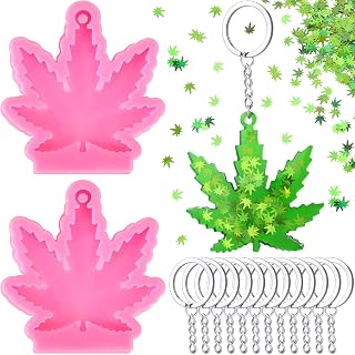 2 Pieces Silicone Maple Leaf Molds with 12 Pieces Keyring Chain with 20g Green Maple Leaf Glitter, Leaves Shaped Keychain Molds for DIY Decoration, Pink