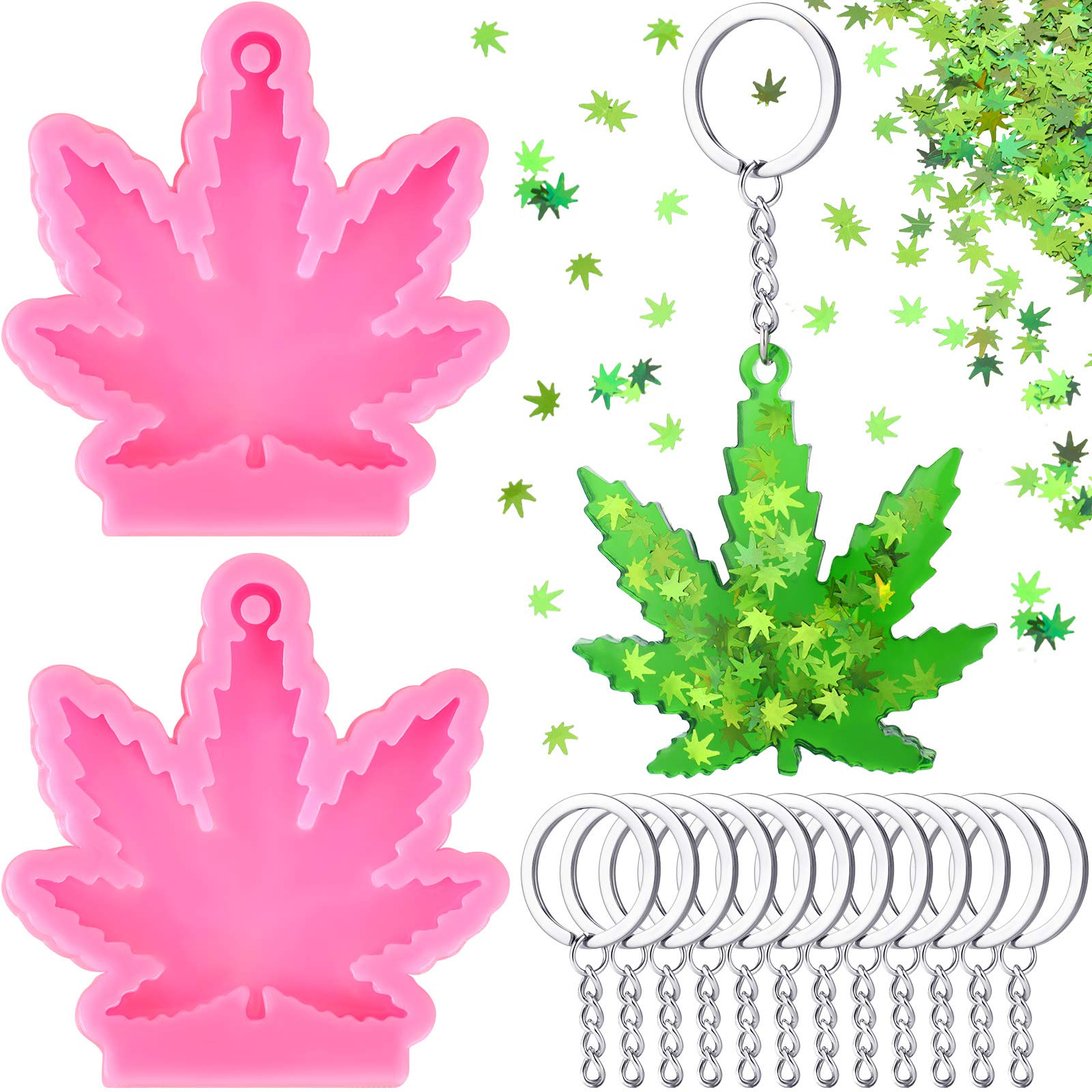 Moule silicone cannabis avec 12 porte-clés et paillettes vertes pour loisirs créatifs