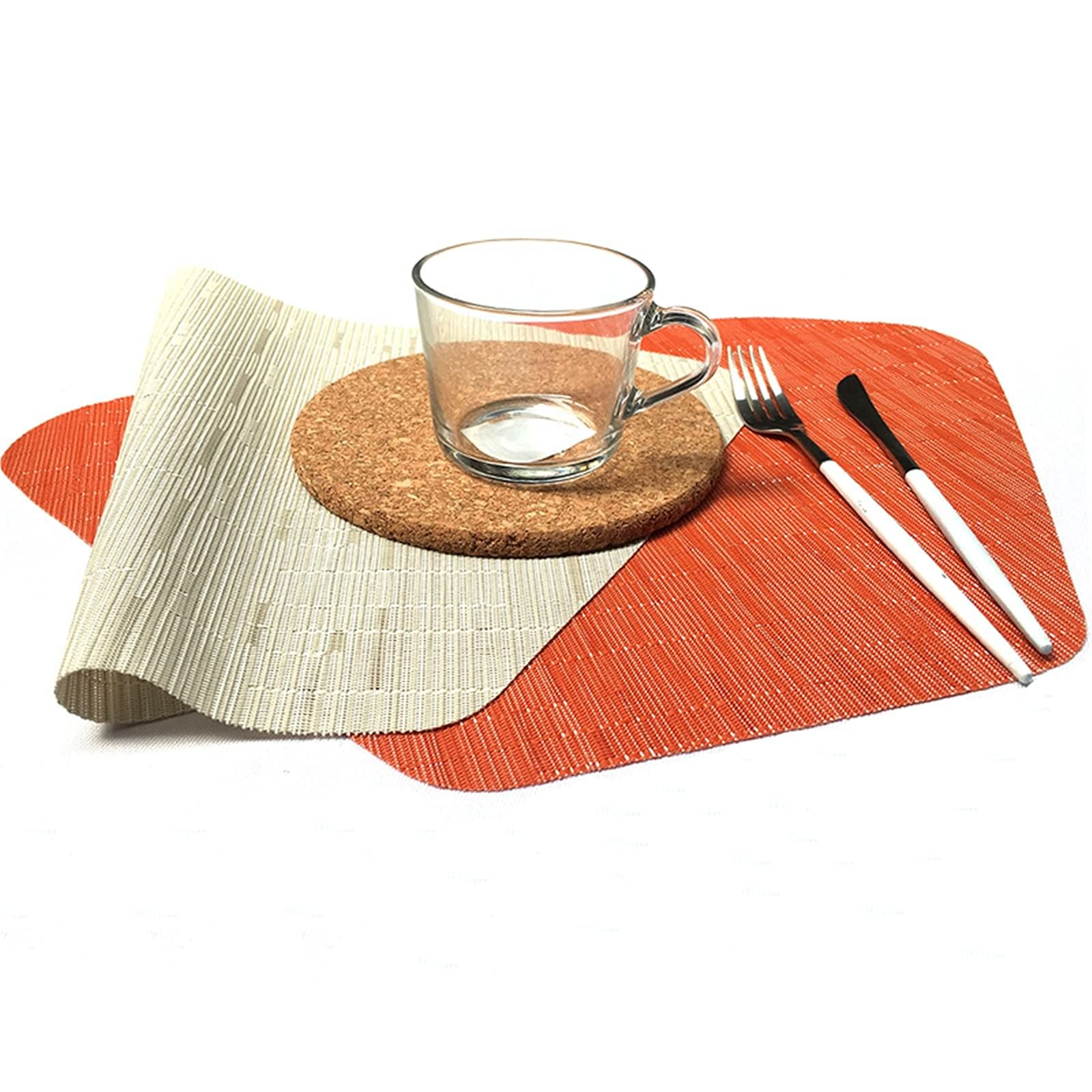 4 Manteles Individuales, Patrón Sectorial Bambú Vinilo y Poliéster Mantel Individual, Naranja, 48 x 33 cm