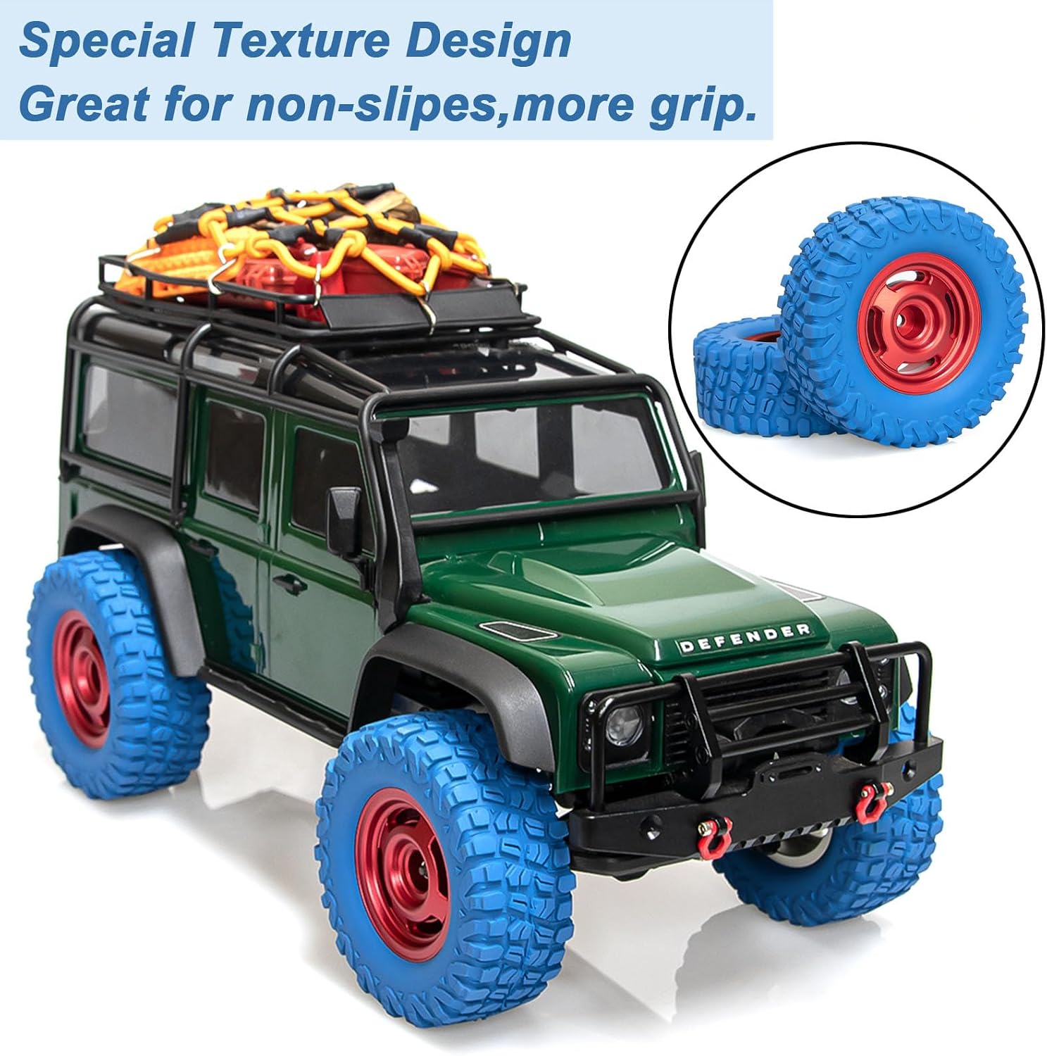 4PCS 1.3" Beadlock Wheel Tires Set 1.3inch Aluminum Beadlock Wheel Hub ＆ 65mm/2.56inch Colored Rubber Crawler Tires for 1/18 TRX4M 1/24 SCX24 FCX24 RC Crawler Car (blue tires B+ red wheel hub)