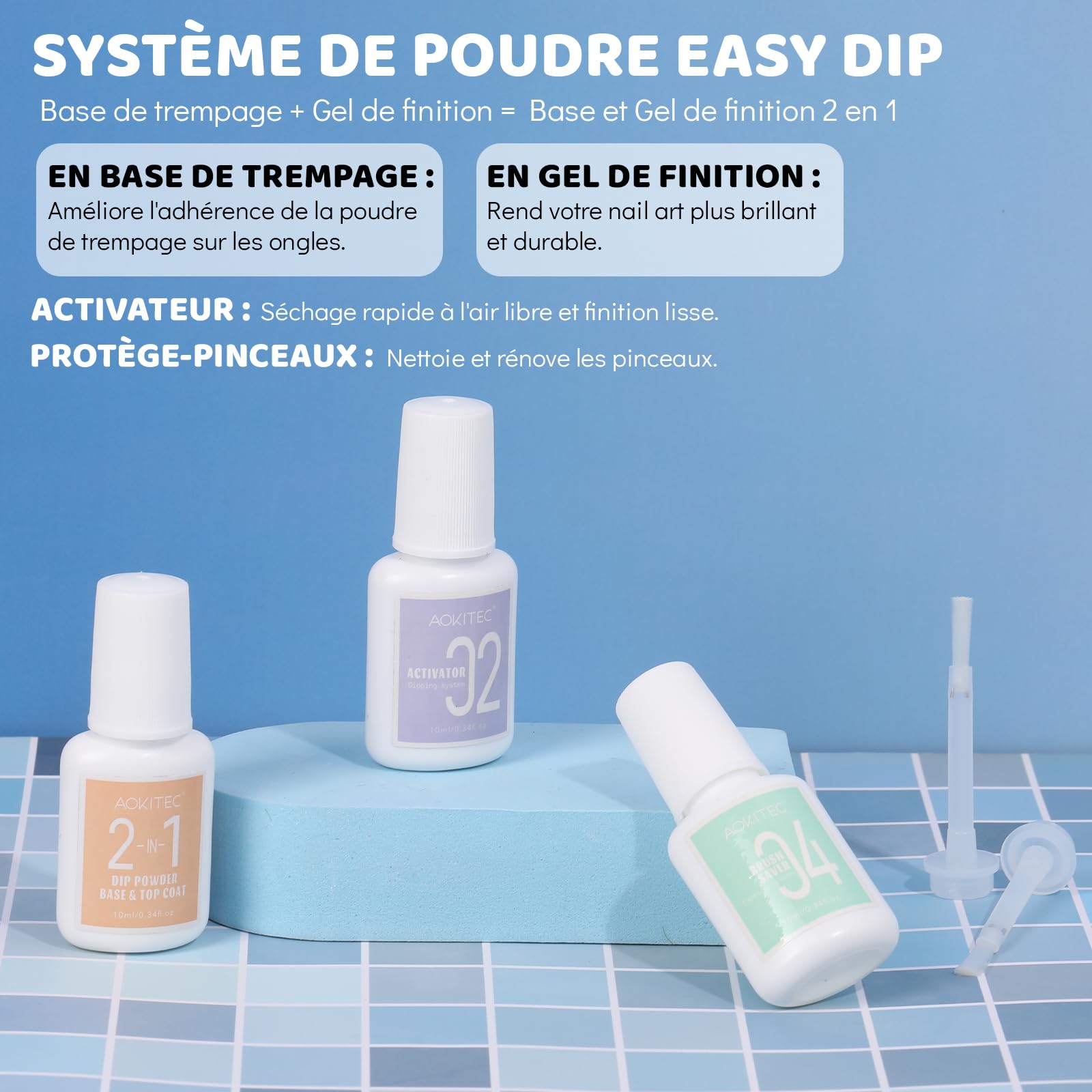 Aokitec Kit de poudre de trempage pour ongles – Poudre à ongles bleue et scintillante avec liquide de trempage pour ongles, kit d'ongles en acrylique pour nail art, facile à transporter et à utiliser