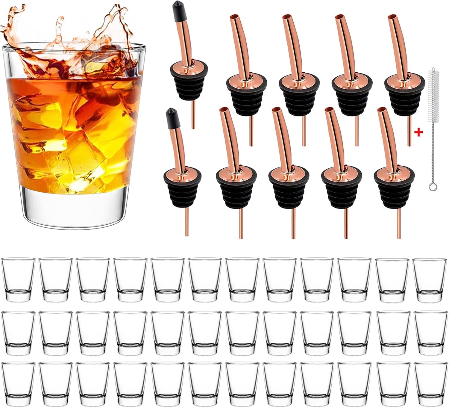 SuproBarware Shot Glass Set of 36 Heavy Base Shot Glass Bulk 2oz Plus Liquor Bottle Pourers - 8 Pack Stainless Steel