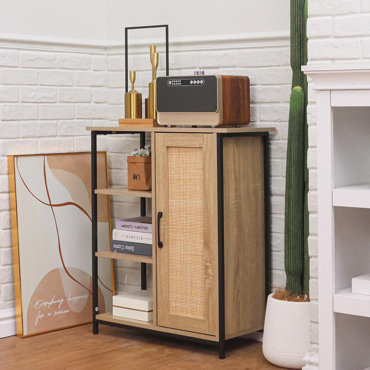 ALBAD Farmhouse Storage Cabinet with Rattan Doors, Industrial Buffet Sideboard with Adjustable Shelves, Rustic Coffee Bar Table for Kitchen, Living Room, or Dining Room (Natural Oak)