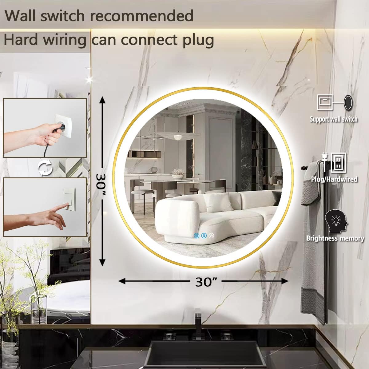 THEKLA 30 inch Gold Bathroom Round LED Mirror with Gold Frame Round Lighted Vanity Mirror for Bathroom Wall 3 Color Dimmable Anti-Fog Smart Frontlit 30" Golden Framed Rounds Circle Light up Mirrors