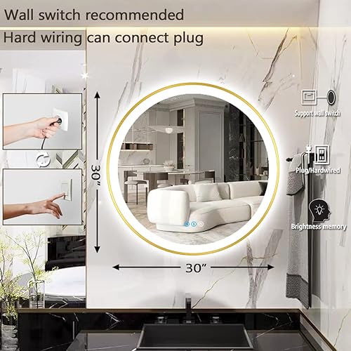Miniatura 6 de THEKLA Espejo LED redondo dorado de 30 pulgadas con marco dorado, espejo redondo iluminado para pared de baño, espejo de tocador redondo con luces,