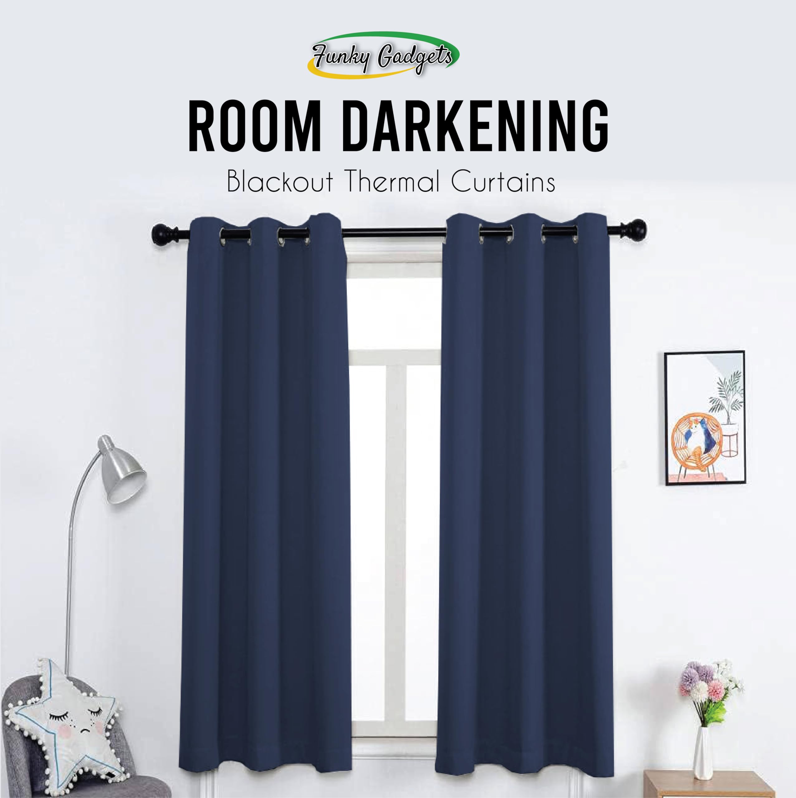 funky gadgets Blackout Curtains for Bedroom 54 Inch Drop Thermal Insulated Eyelet Curtains & Drapes Black Out Curtain for Kitchen Living Room 2 Panels (46x54 Inch Navy Blue) - Image 2