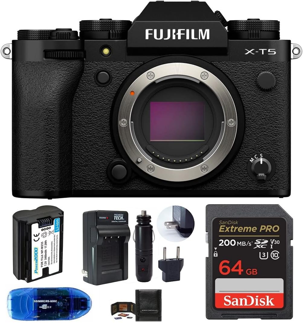 Fujifilm X-T5 Mirrorless Digital Camera Body Bundle, Includes: SanDisk 64GB Extreme PRO SDXC Memory Card, Spare Battery + More (6 Items) (Black)