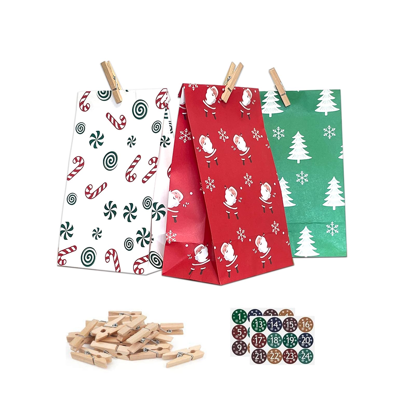 Adventskalender zum Befüllen, 24 Adventskalender Tüten 2026 | 24 Weihnachts-Papiertüten,Weihnachtskalender zum Befüllen mit Aufkleber und Holzklemme