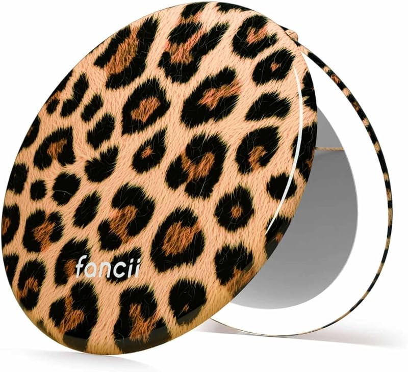 Fancii Taylor Espejo de maquillaje de viaje con luz LED, recargable, aumento 10x /1x, sistema de iluminación Tru-Glow, XL grande 5" de ancho | Espejo compacto para bolsos (Cheetah Chic)